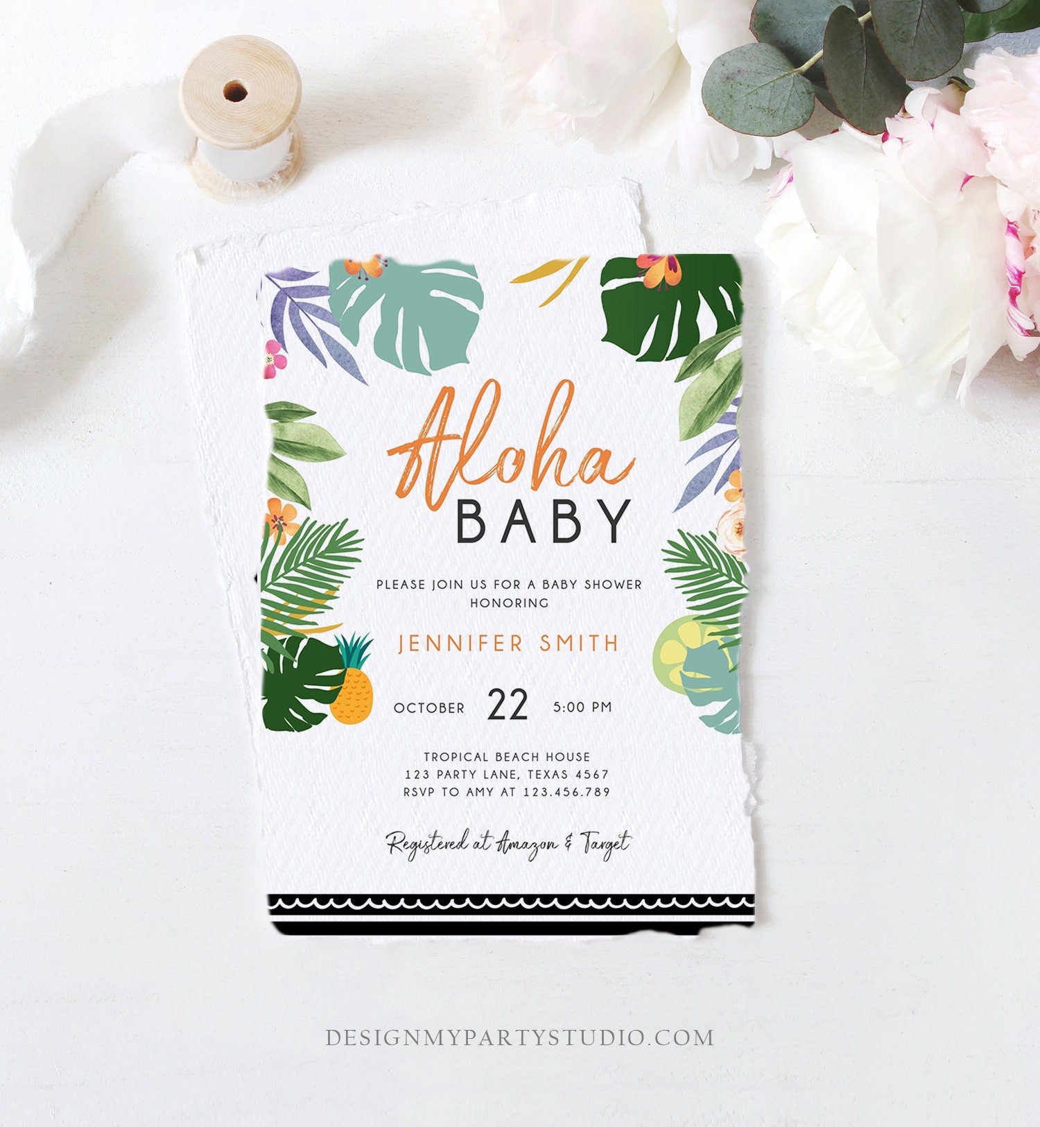 Editable Tropical Baby Shower Invitation Oh Baby Aloha Coed Shower Party Sprinkle Luau Palm Hawaiian Beach Corjl Template Printable 0183