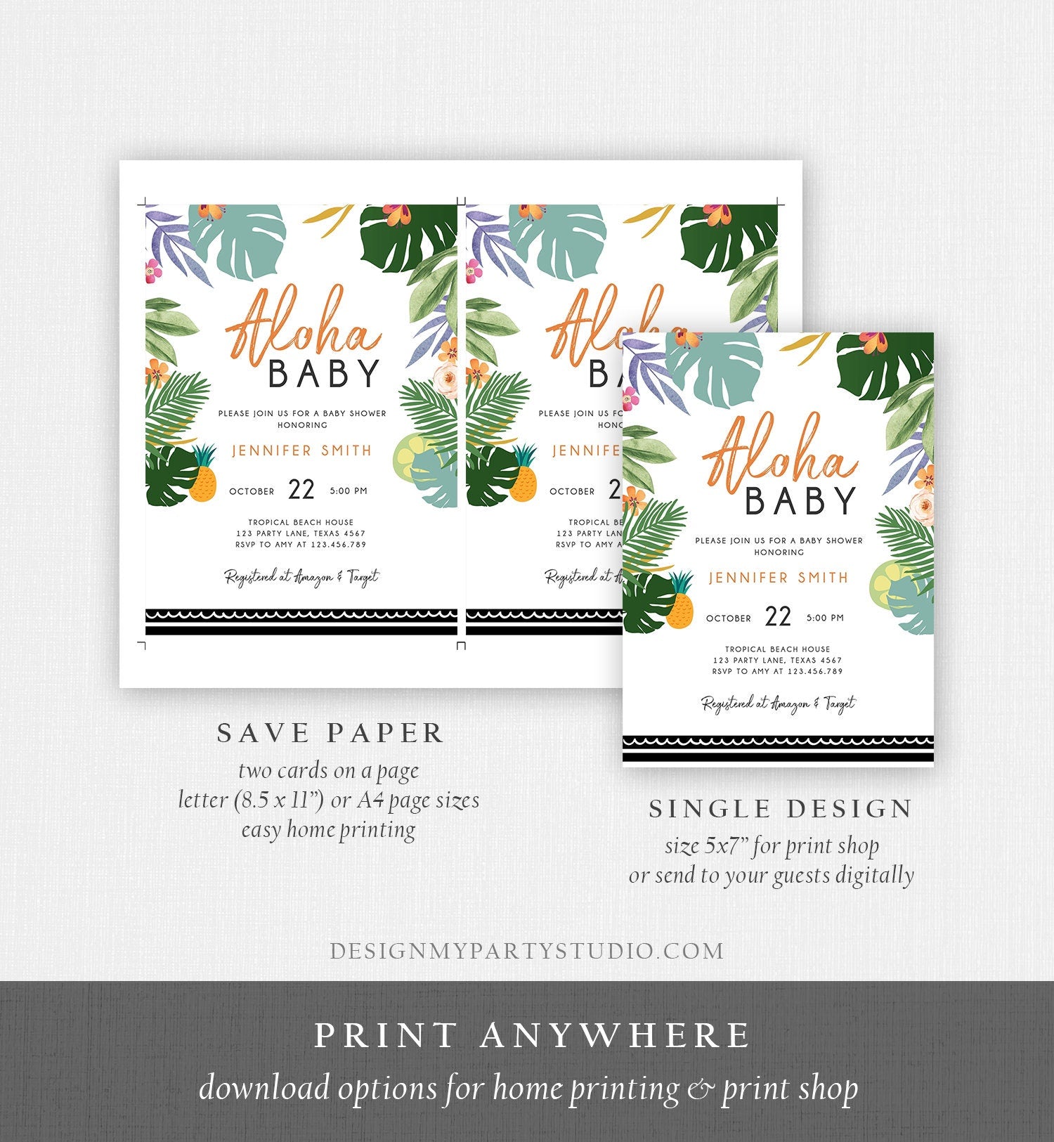 Editable Tropical Baby Shower Invitation Oh Baby Aloha Coed Shower Party Sprinkle Luau Palm Hawaiian Beach Corjl Template Printable 0183