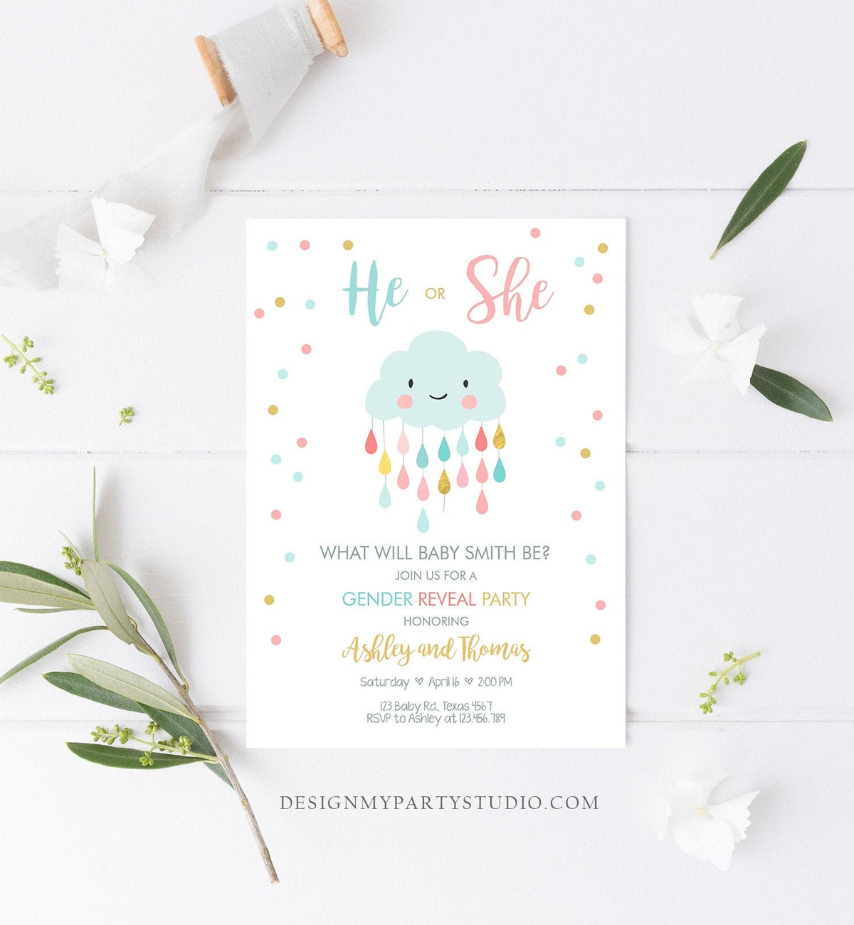 Editable Cloud Gender Reveal Invitation Boy or Girl Blue or Pink He or She Confetti Raindrops Rain Drops Corjl Template Printable 0036