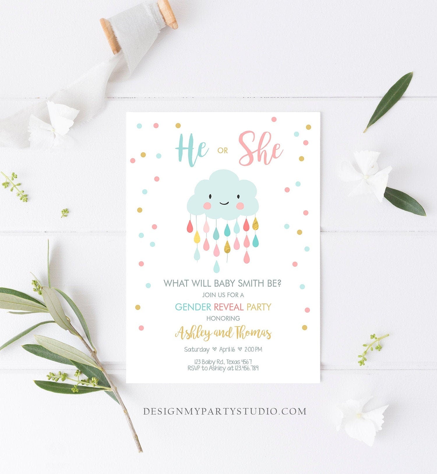 Editable Cloud Gender Reveal Invitation Boy or Girl Blue or Pink He or She Confetti Raindrops Rain Drops Corjl Template Printable 0036