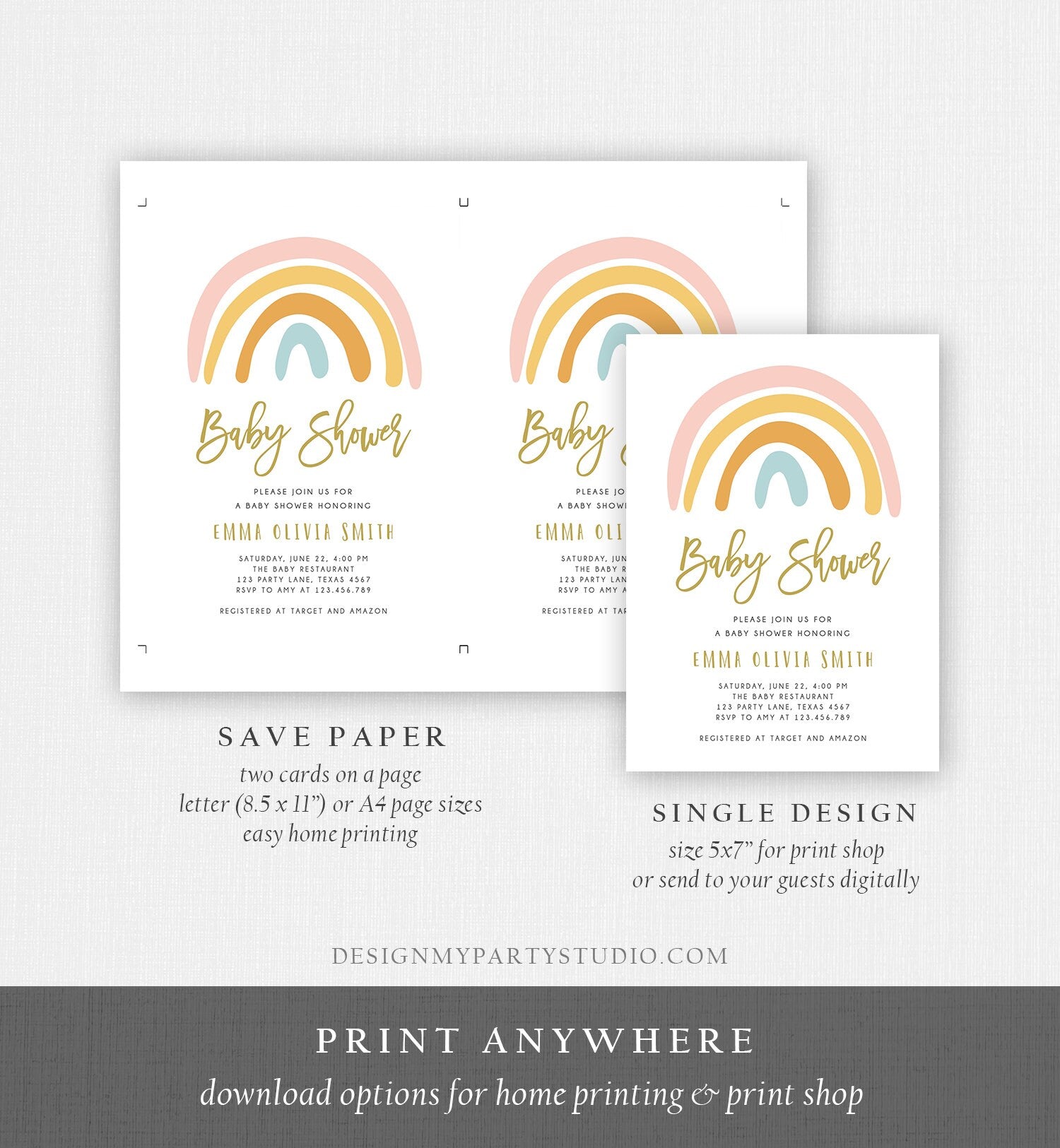 Editable Rainbow Baby Shower Invitation Muted Rainbow Invitation Gender Neutral Pastel Birthday Pink Girl Bow Download Corjl Template 0331