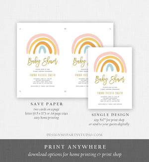 Editable Rainbow Baby Shower Invitation Muted Rainbow Invitation Gender Neutral Pastel Birthday Pink Girl Bow Download Corjl Template 0331