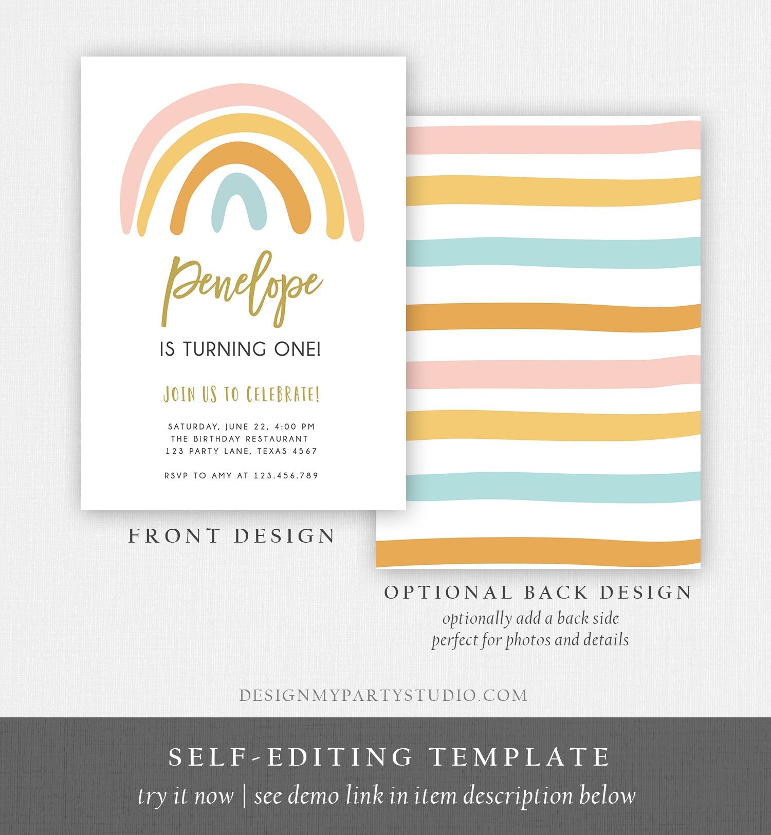 Editable Rainbow Birthday Invitation Muted Rainbow Invitation Pastel 1st Birthday Pink Girl Any Age First Bday Download Corjl Template 0331