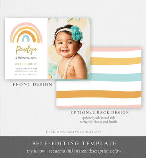 Editable Rainbow Birthday Invitation Muted Rainbow Invitation Pastel 1st Birthday Pink Girl Any Age First Bday Download Corjl Template 0331