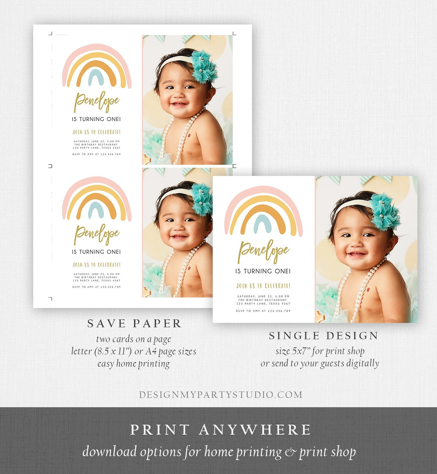 Editable Rainbow Birthday Invitation Muted Rainbow Invitation Pastel 1st Birthday Pink Girl Any Age First Bday Download Corjl Template 0331