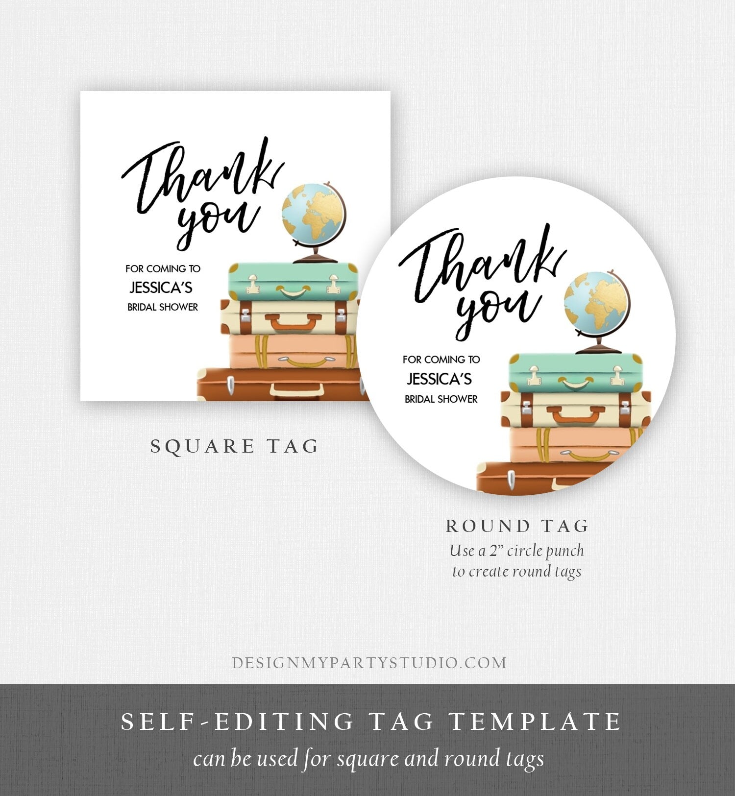 Editable Travel Thank You Tags Bridal Shower Favor Labels Adventure Round Stickers Suitcases Baby Download Corjl Template PRINTABLE 0030