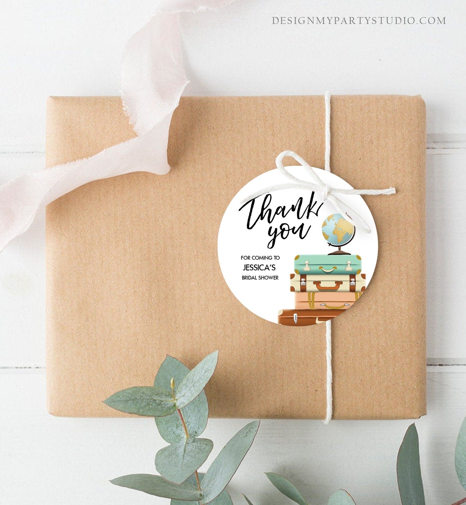 Editable Travel Thank You Tags Bridal Shower Favor Labels Adventure Round Stickers Suitcases Baby Download Corjl Template PRINTABLE 0030