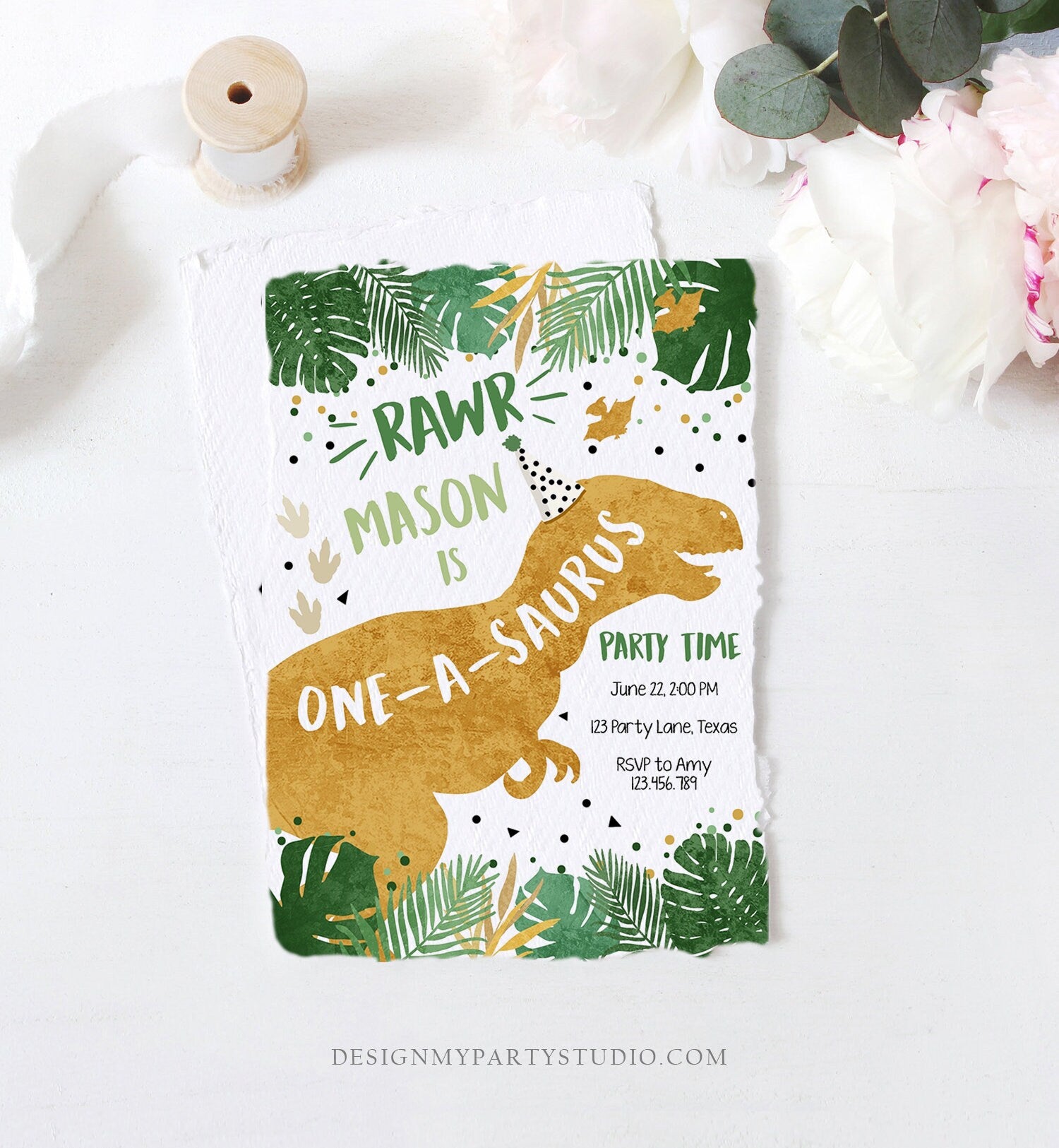 Editable One-A-Saurus Dinosaur Birthday Invitation Dino T-Rex Boy First Birthday 1st RAWR ROAR Green Gold Prehistoric Corjl Template 0146