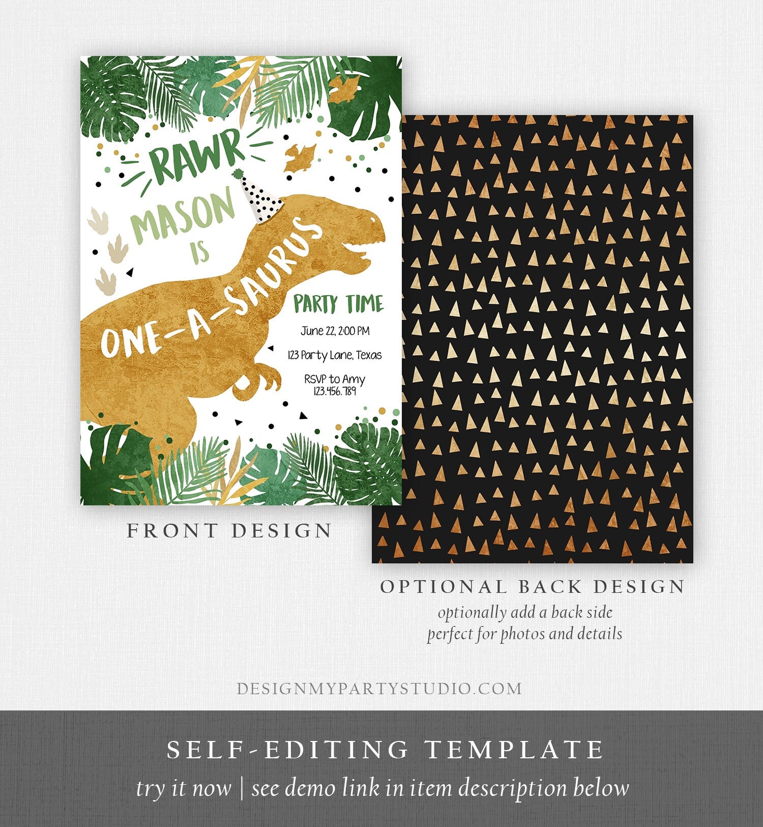 Editable One-A-Saurus Dinosaur Birthday Invitation Dino T-Rex Boy First Birthday 1st RAWR ROAR Green Gold Prehistoric Corjl Template 0146