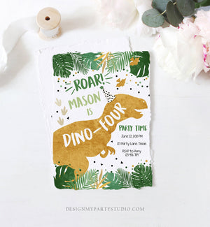 Editable Dino-Four Dinosaur Birthday Invitation Dino T-Rex Boy Fourth Birthday 4th RAWR ROAR Green Gold Prehistoric Corjl Template 0146