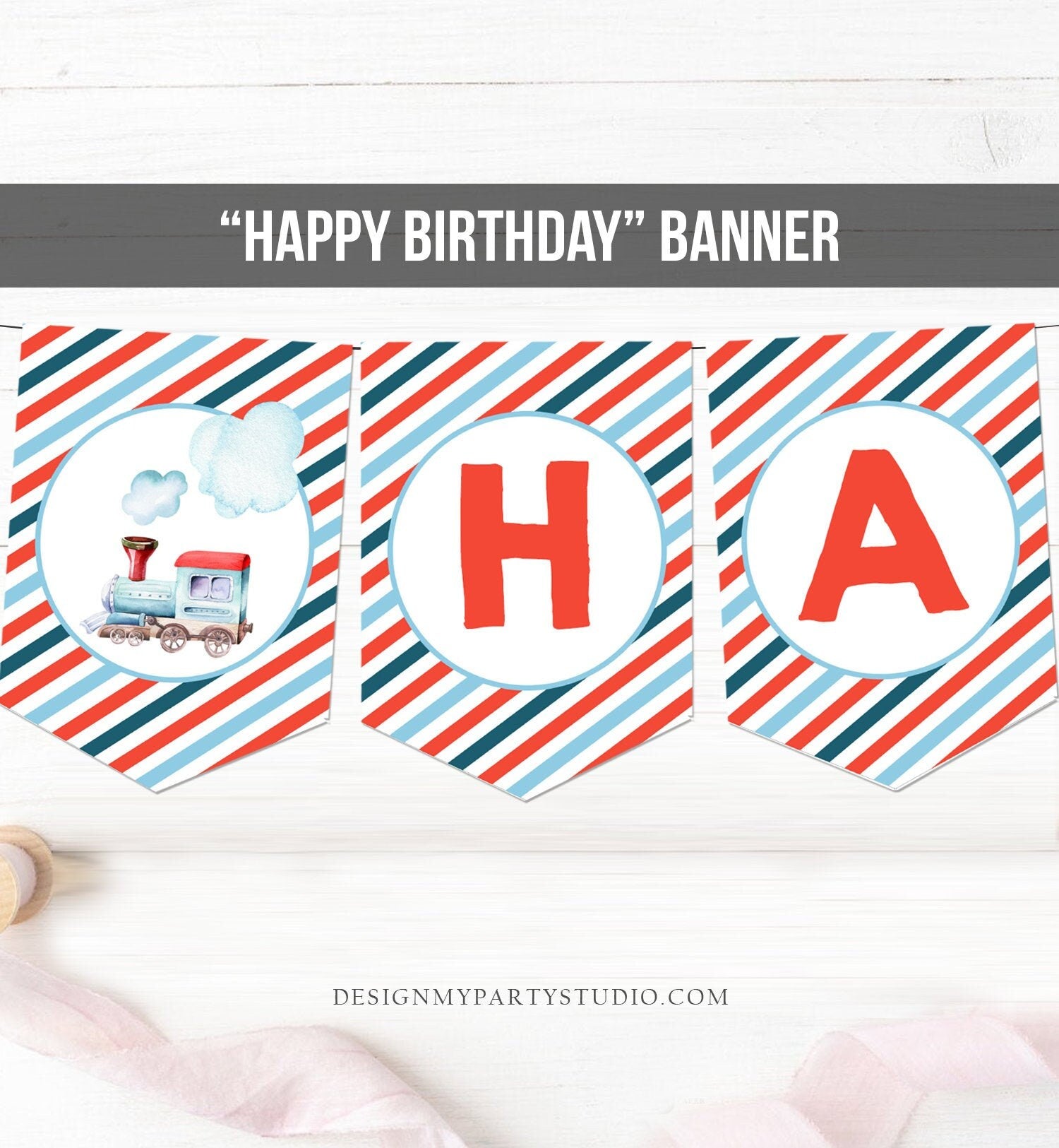 Happy Birthday Banner Train Birthday Banner Train Birthday Boy Blue Red Train Decorations Instant download PRINTABLE DIGITAL DIY 0149