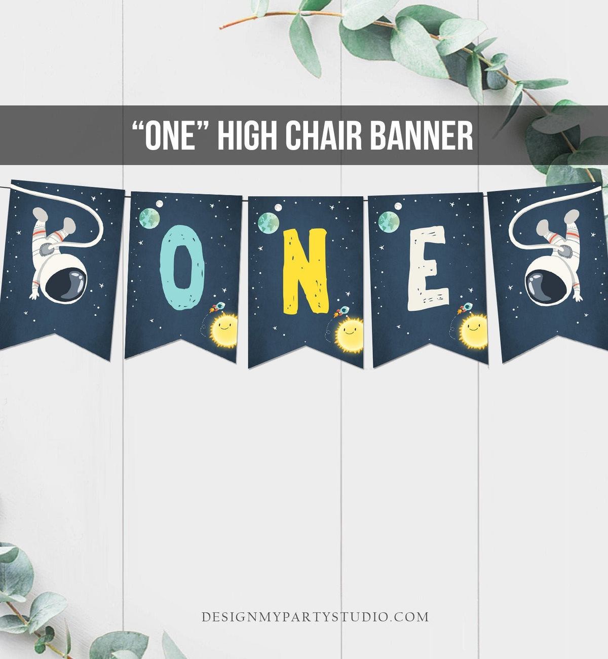 Outer Space High Chair Banner Birthday Astronaut Party High Chair Banner ONE Space Rocket Astronaut Party Decor Planets Printable 0046