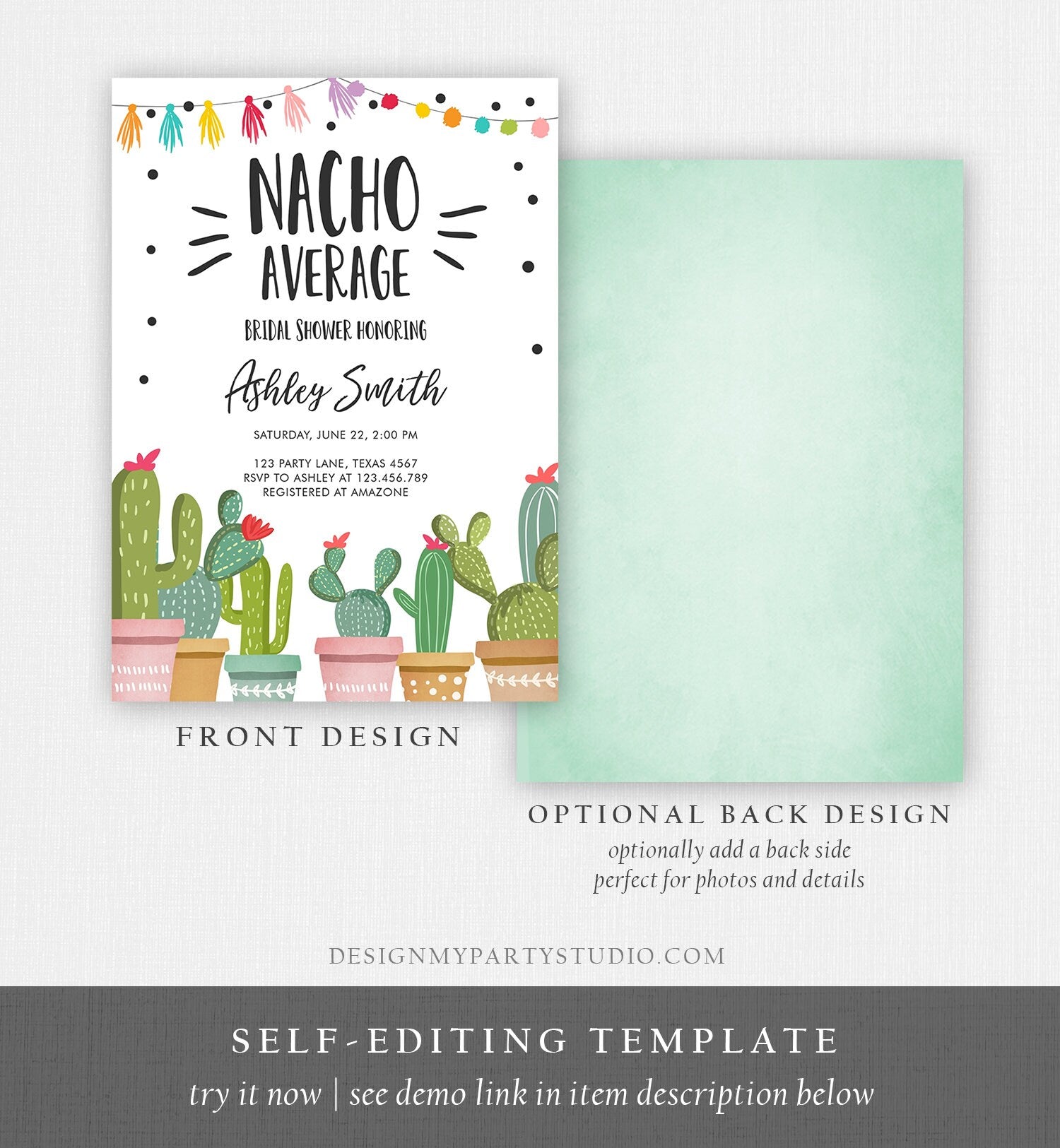 Editable Nacho Average Bridal Shower Invitation Fiesta Cactus Mexican Bachelorette Party Taco Bout Love Coed Digital Template Printable 0254