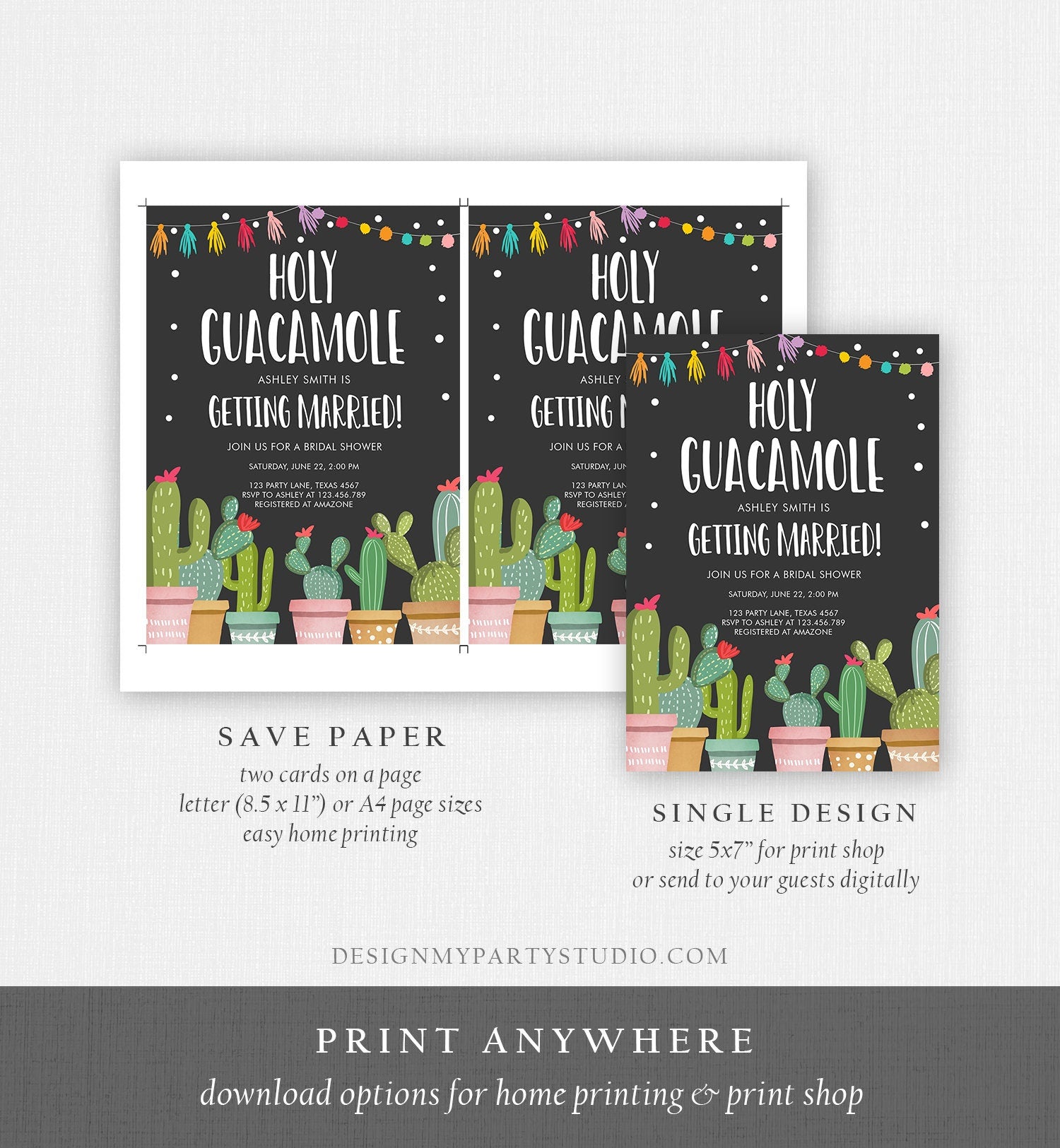 Editable Holy Guacamole Bridal Shower Invitation Fiesta Couples Shower Cactus Succulent Mexican Download Corjl Template Printable 0254