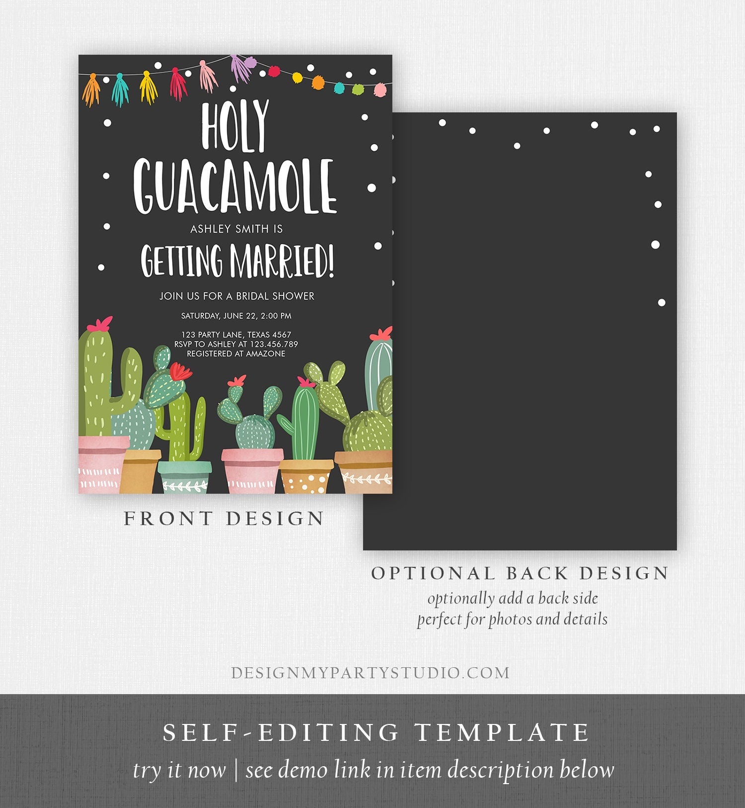 Editable Holy Guacamole Bridal Shower Invitation Fiesta Couples Shower Cactus Succulent Mexican Download Corjl Template Printable 0254