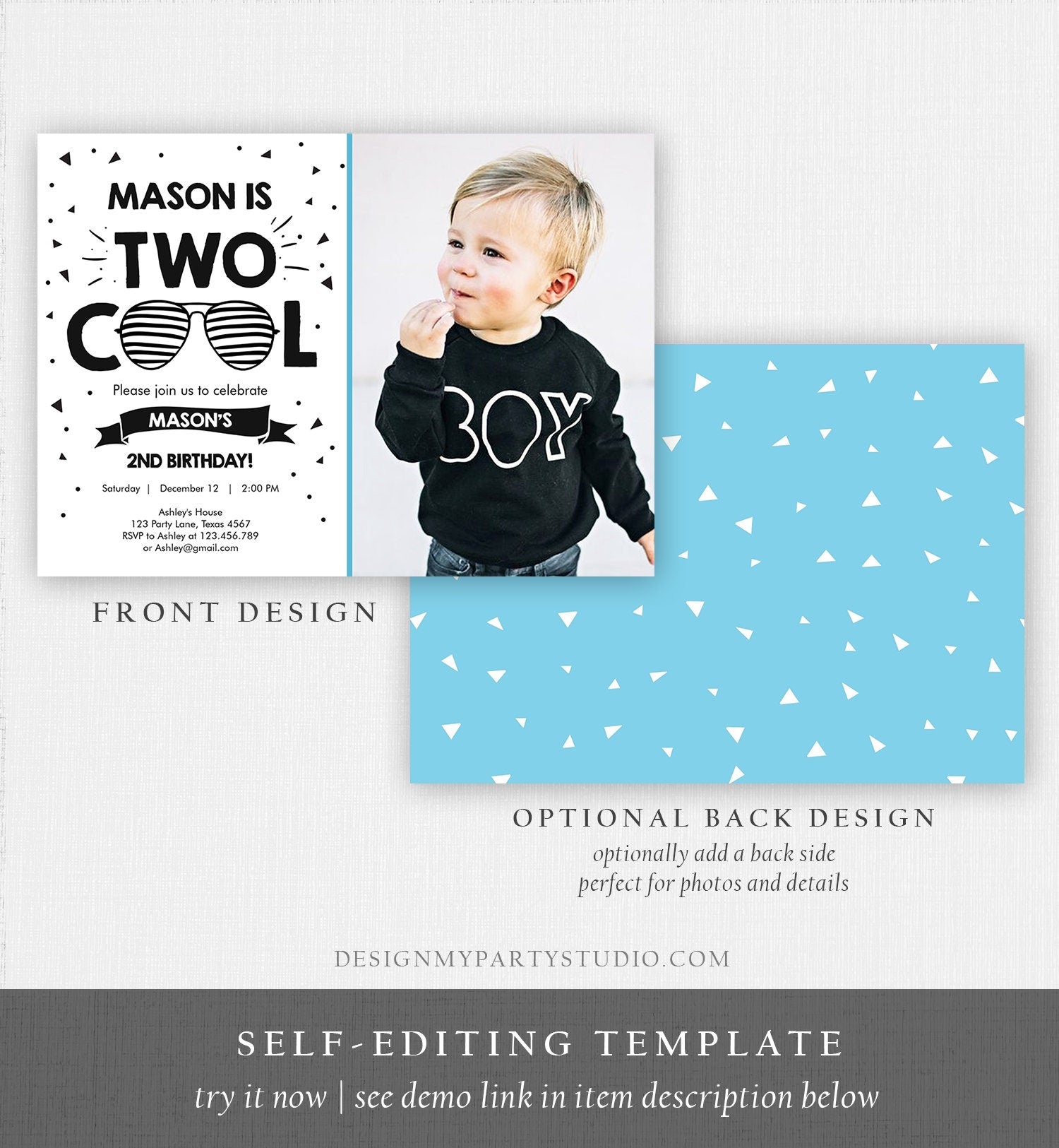 Editable Two Cool Birthday Invitation Boy Second Birthday Party 2nd I'm this Many I'm Two Cool Sunglasses Palm Printable Corjl Template 0136