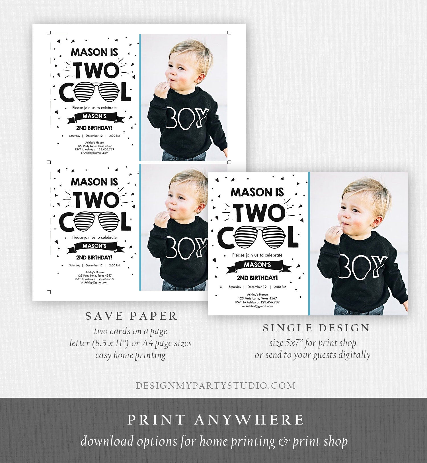 Editable Two Cool Birthday Invitation Boy Second Birthday Party 2nd I'm this Many I'm Two Cool Sunglasses Palm Printable Corjl Template 0136