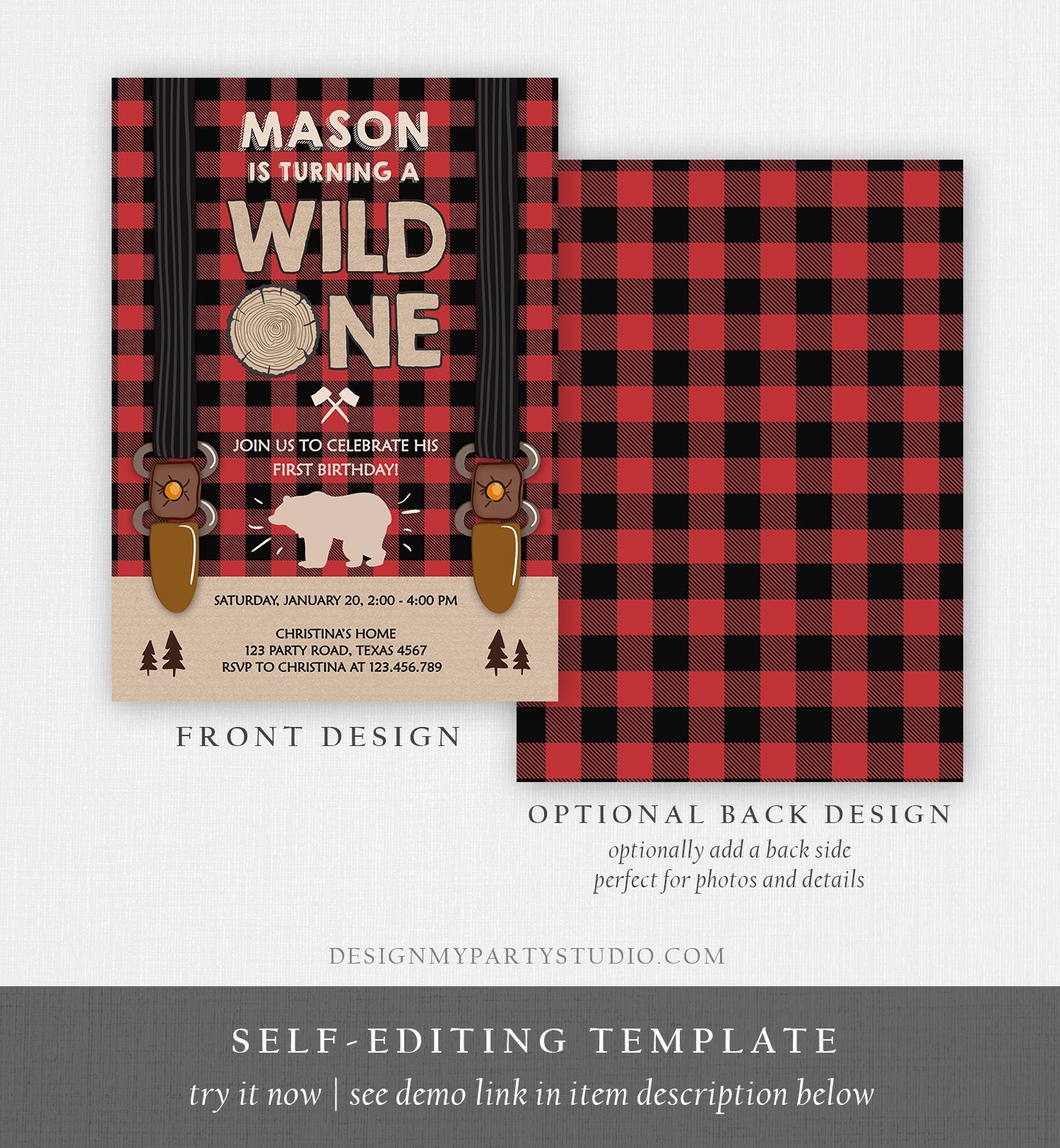 Editable Lumberjack Wild One Birthday Invitation First Birthday Forest Trees Red Plaid Outdoor Bear Boy 1st Digital Template Printable 0026