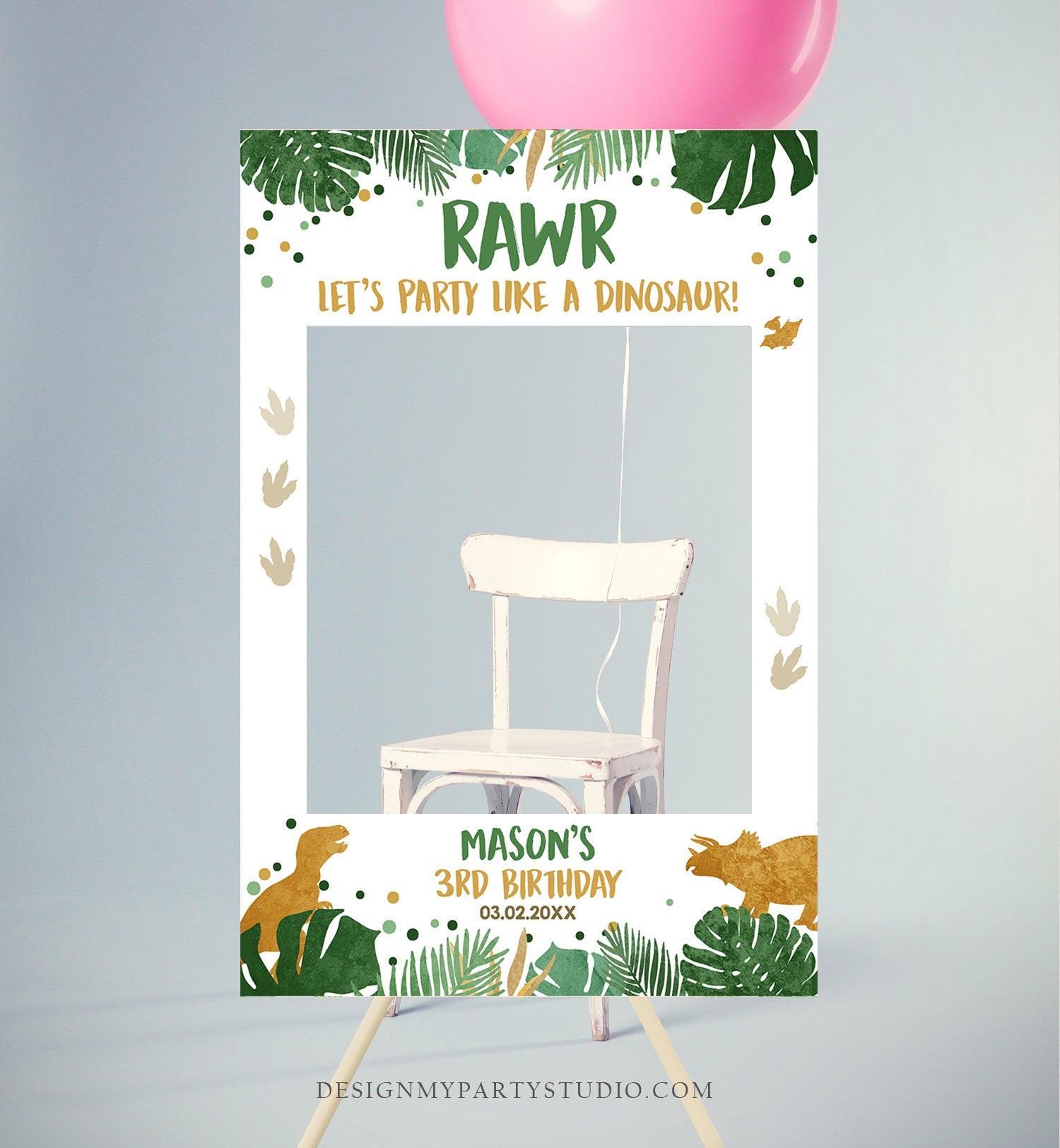 Editable Dinosaur Birthday Photo Booth Frame Boy Photo Prop Gold Green Dino Party Table Decor RAWR Corjl Template Printable 0146