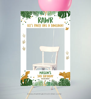 Editable Dinosaur Birthday Photo Booth Frame Boy Photo Prop Gold Green Dino Party Table Decor RAWR Corjl Template Printable 0146