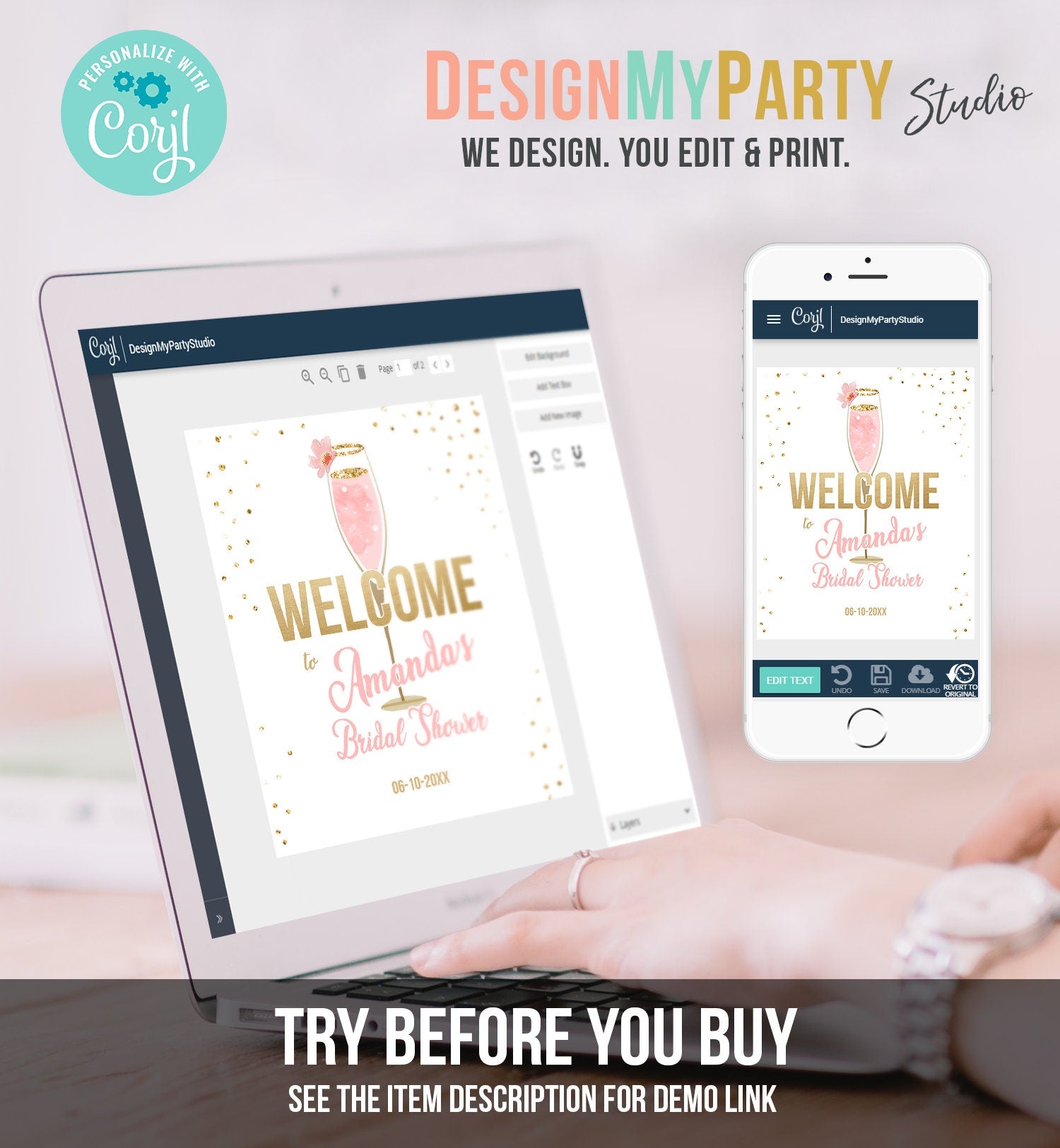 Editable Brunch and Bubbly Welcome Sign Bridal Shower Floral Champagne Gold Pink Wedding Shower Welcome Sign Digital Corjl Template 0150