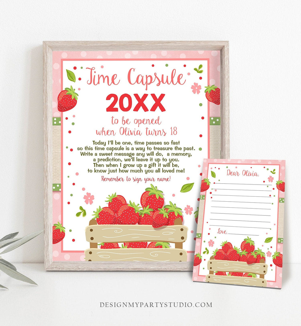 Editable Time Capsule Strawberry First Birthday Party Strawberry Decor Farmers Market Party Fruit Girl Pink Template Printable Corjl 0091