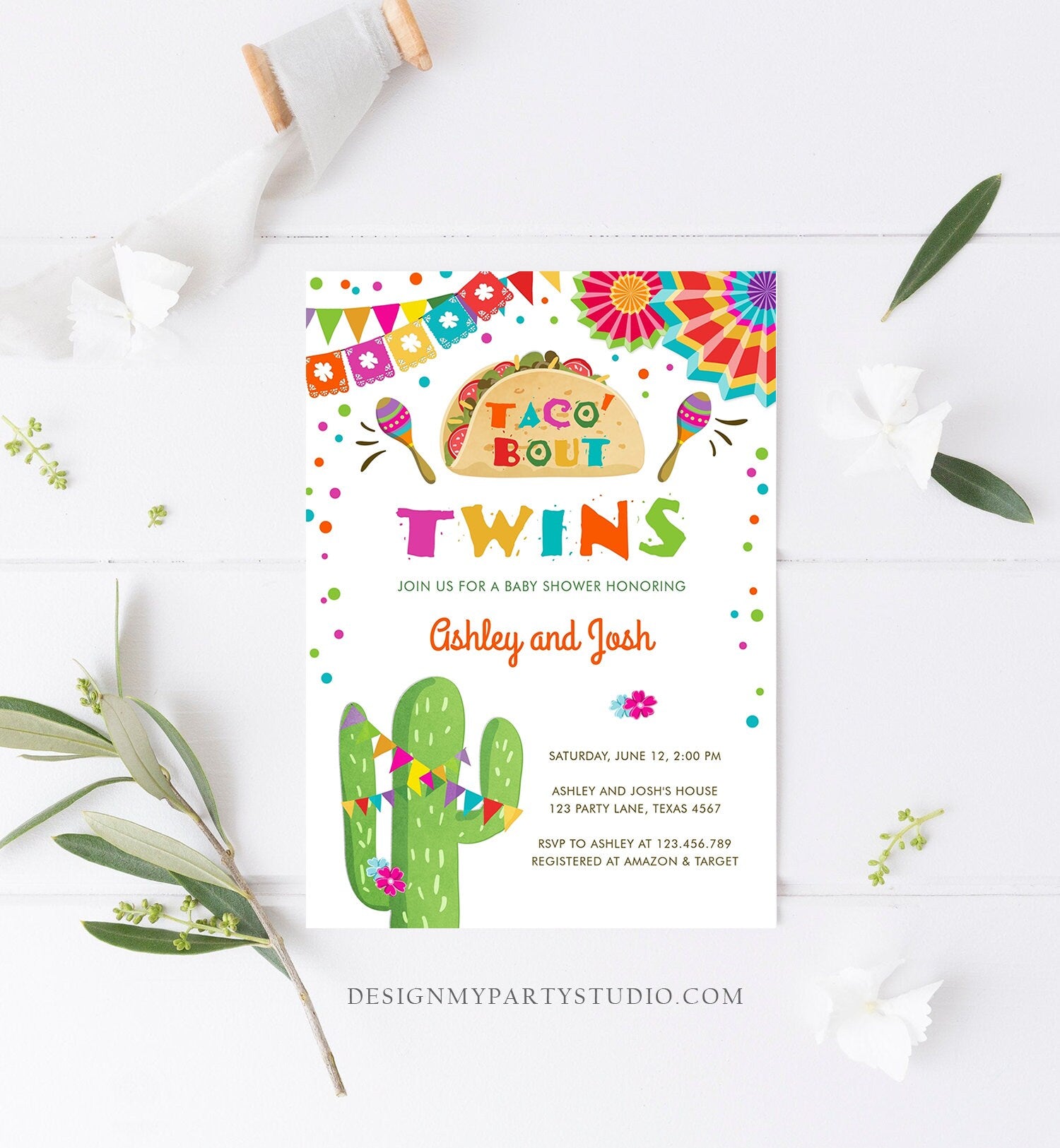 Editable Taco Bout Twins Baby Shower Invitation Cactus Chalk Mexican Fiesta Couples Shower Instant Download Printable Corjl Template 0045