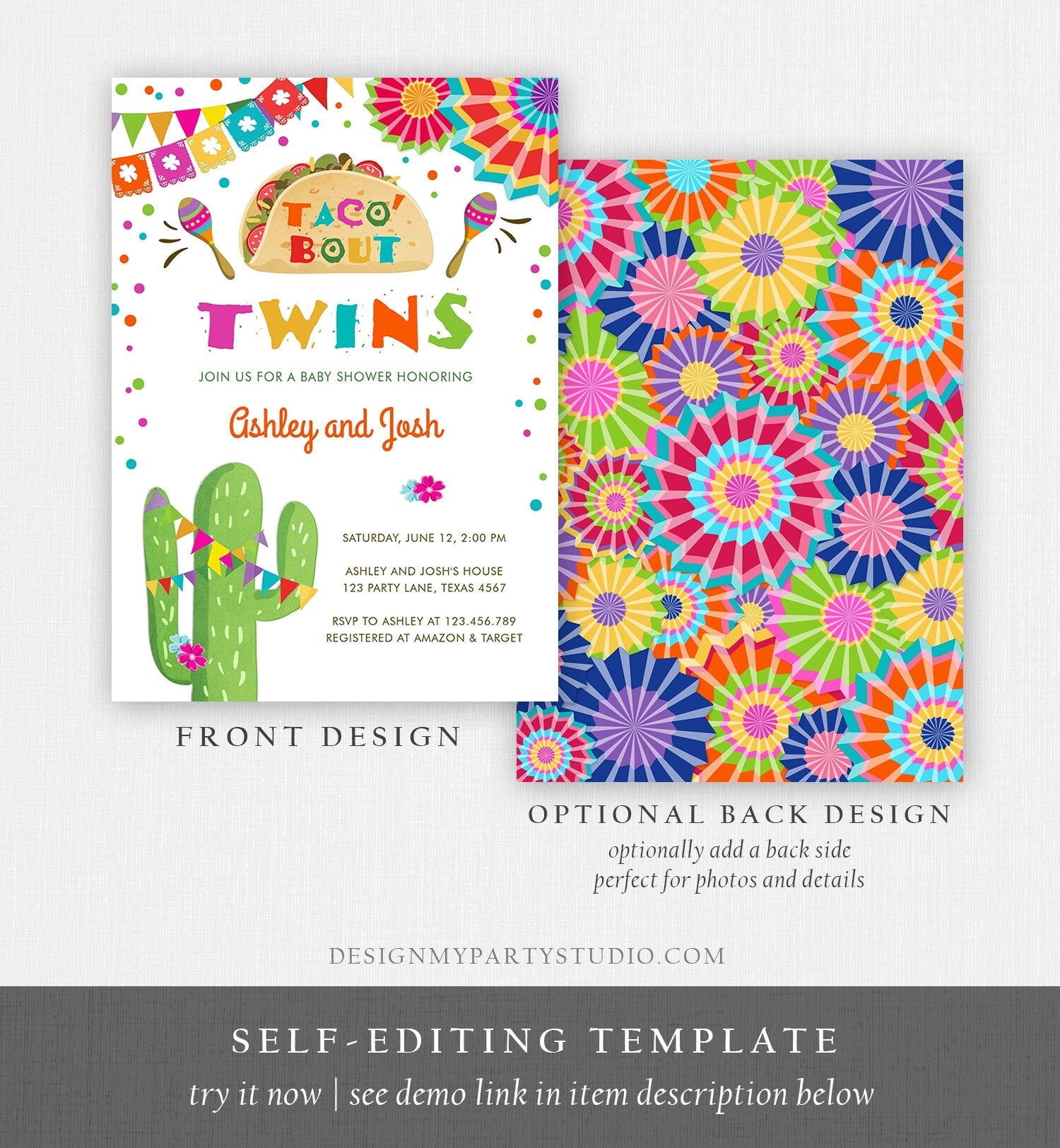 Editable Taco Bout Twins Baby Shower Invitation Cactus Chalk Mexican Fiesta Couples Shower Instant Download Printable Corjl Template 0045