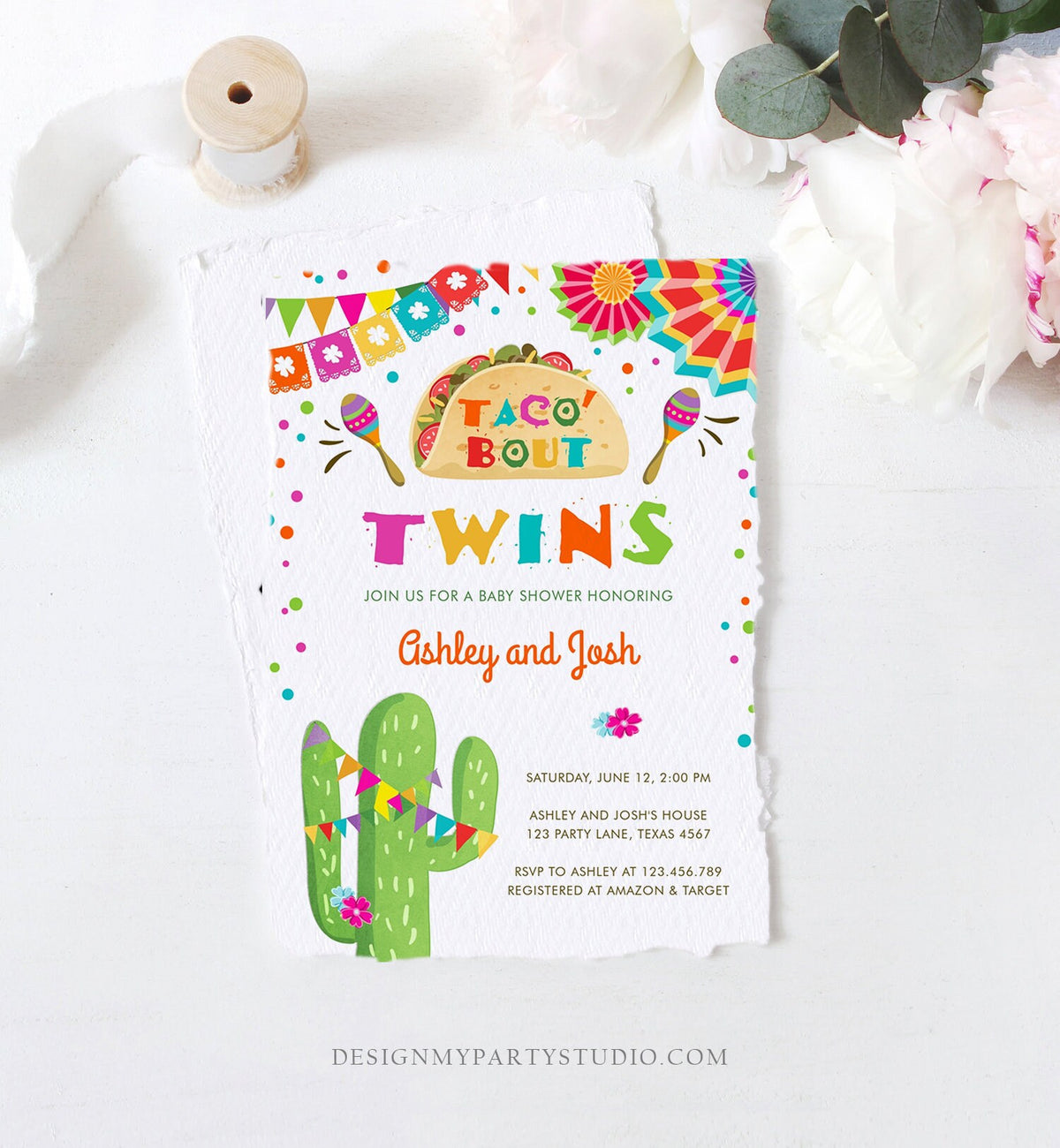 Editable Taco Bout Twins Baby Shower Invitation Cactus Chalk Mexican Fiesta Couples Shower Instant Download Printable Corjl Template 0045