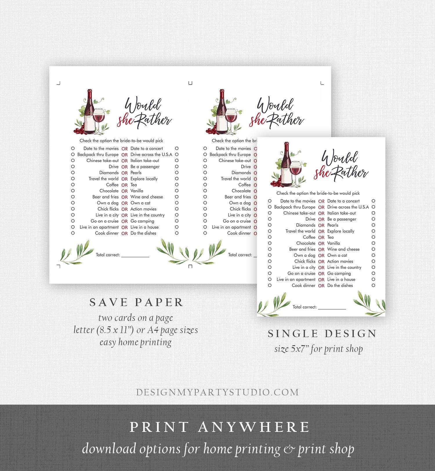 Editable Would She Rather Bridal Shower Game Wedding Shower Activity Wine Tasting Vineyard Game Download Corjl Template Printable 0234