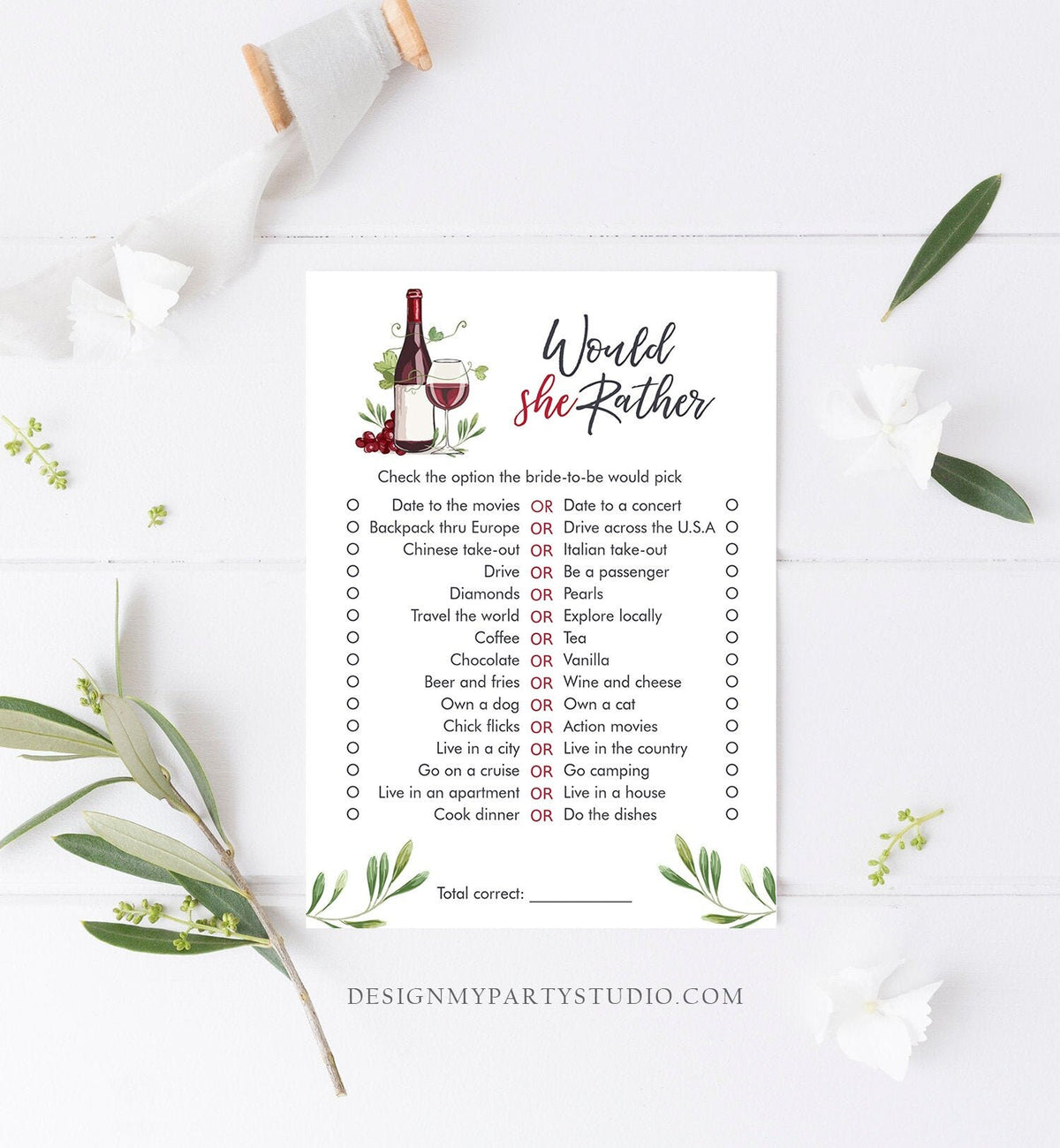 Editable Would She Rather Bridal Shower Game Wedding Shower Activity Wine Tasting Vineyard Game Download Corjl Template Printable 0234