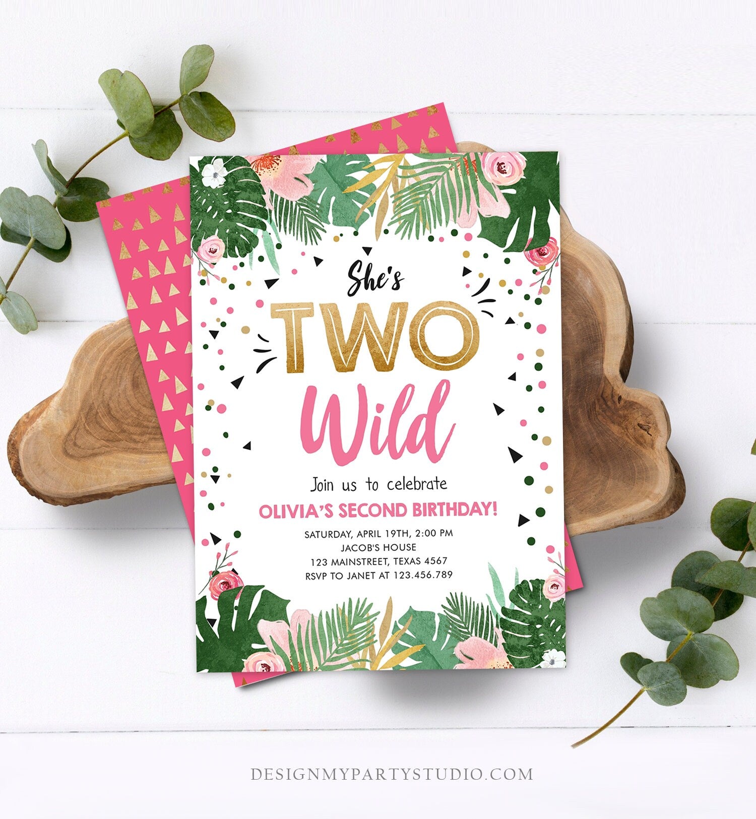 Editable Two Wild Birthday Invitation Girl Tropical Safari Pink Gold Jungle Second Birthday 2nd Download Corjl Template Printable 0332