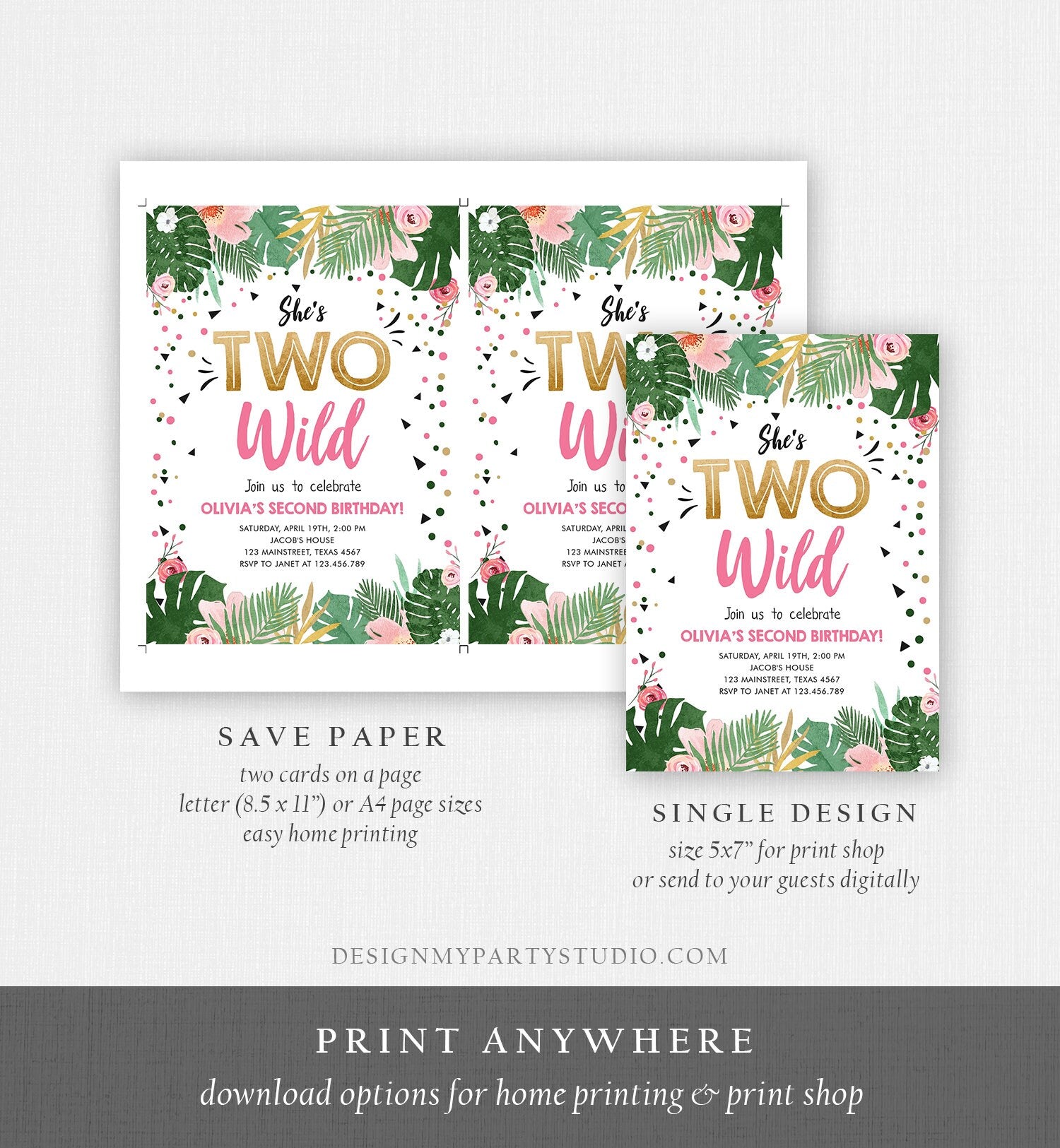 Editable Two Wild Birthday Invitation Girl Tropical Safari Pink Gold Jungle Second Birthday 2nd Download Corjl Template Printable 0332