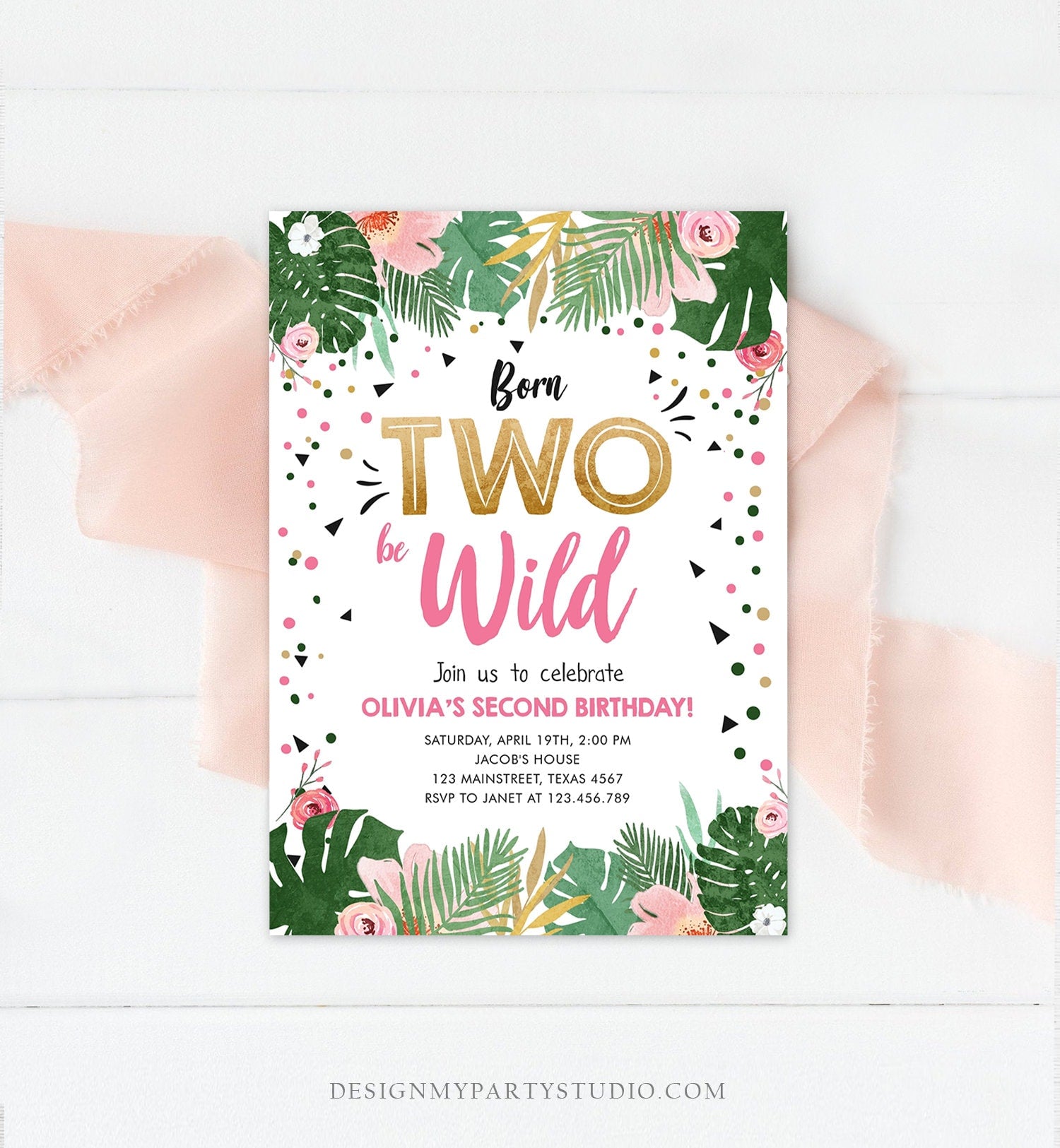 Editable Born Two be Wild Birthday Invitation Girl Tropical Safari Pink Gold Second Birthday 2nd Digital Download Template Printable 0332