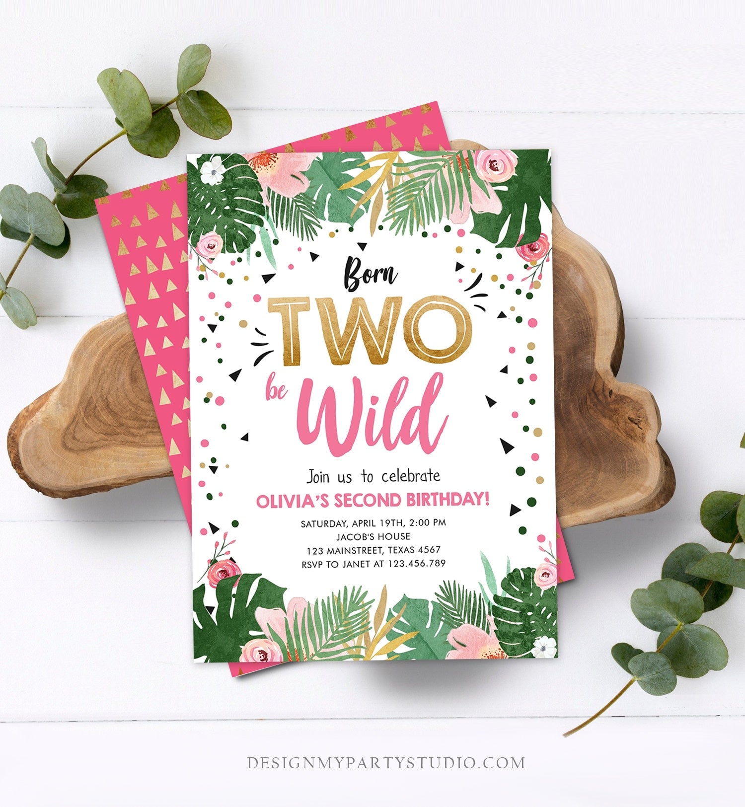 Editable Born Two be Wild Birthday Invitation Girl Tropical Safari Pink Gold Second Birthday 2nd Digital Download Template Printable 0332