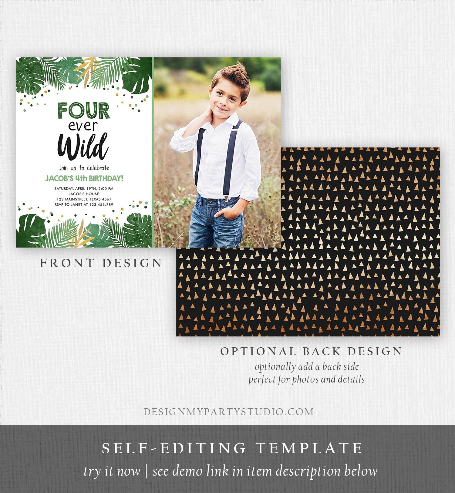 Editable Fourever Wild Birthday Invitation Tropical Safari Zoo Jungle Party Gold Boy Fourth Birthday 4th Four Ever Wild Corjl Template 0332