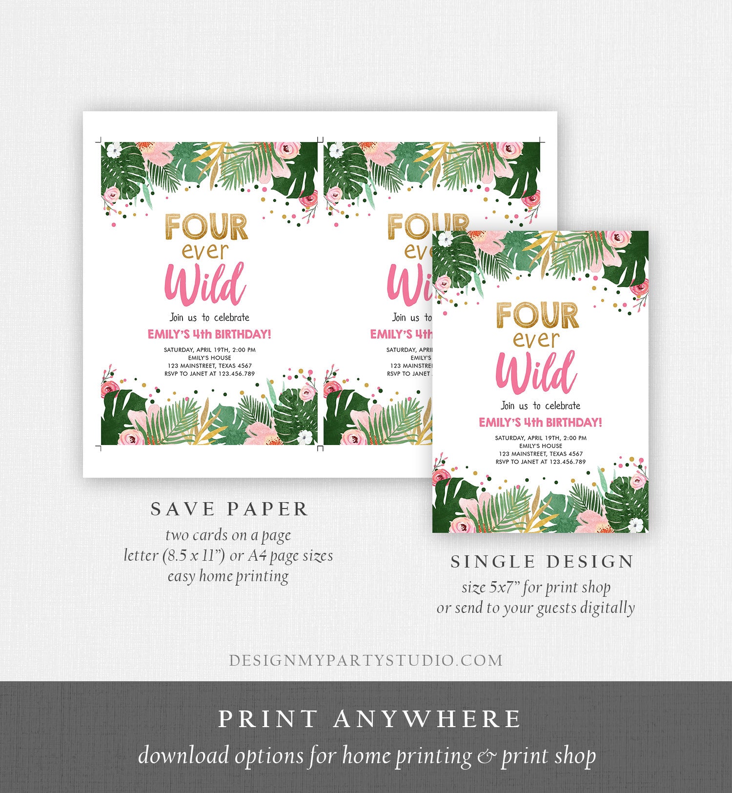 Editable Fourever Wild Birthday Invitation Tropical Safari Zoo Jungle Pink Gold Girl Fourth Birthday 4th Four Ever Wild Corjl Template 0332