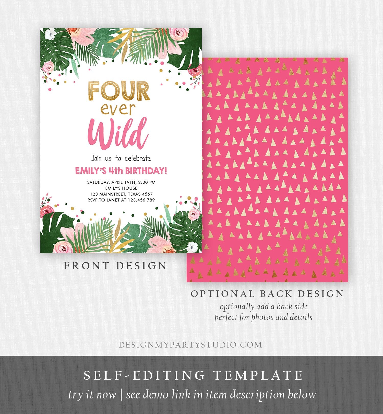 Editable Fourever Wild Birthday Invitation Tropical Safari Zoo Jungle Pink Gold Girl Fourth Birthday 4th Four Ever Wild Corjl Template 0332