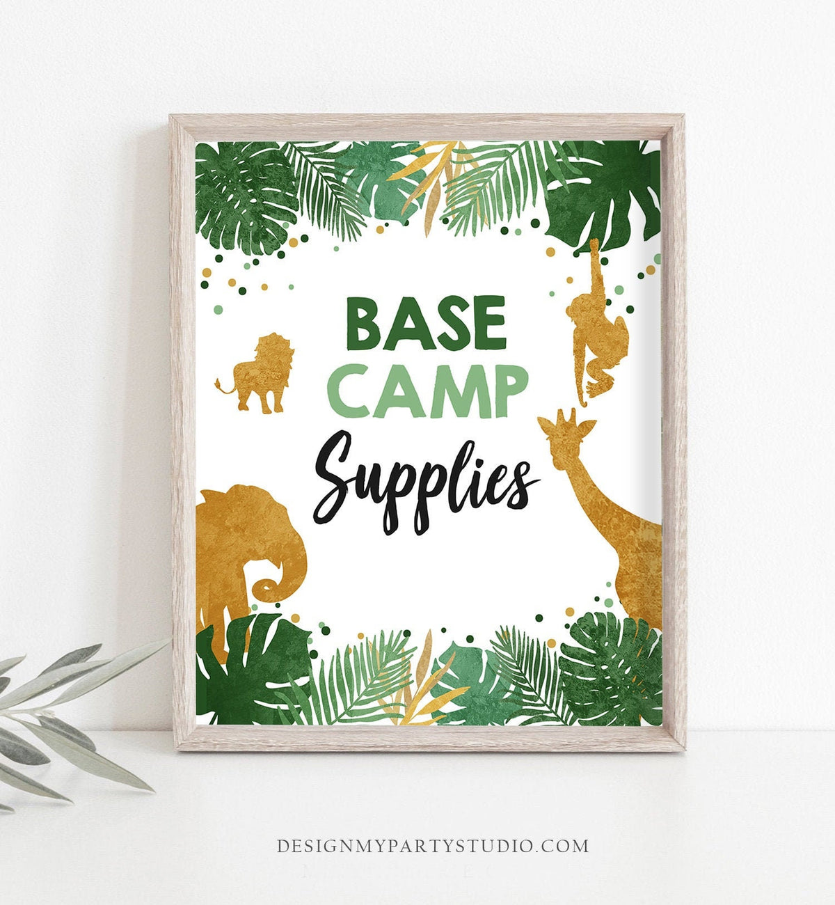 Base Camp Supplies Birthday Sign Boy Food Drinks Safari Animals Party Wild One Tropical Green Gold Jungle Table Sign Decor Printable 0016