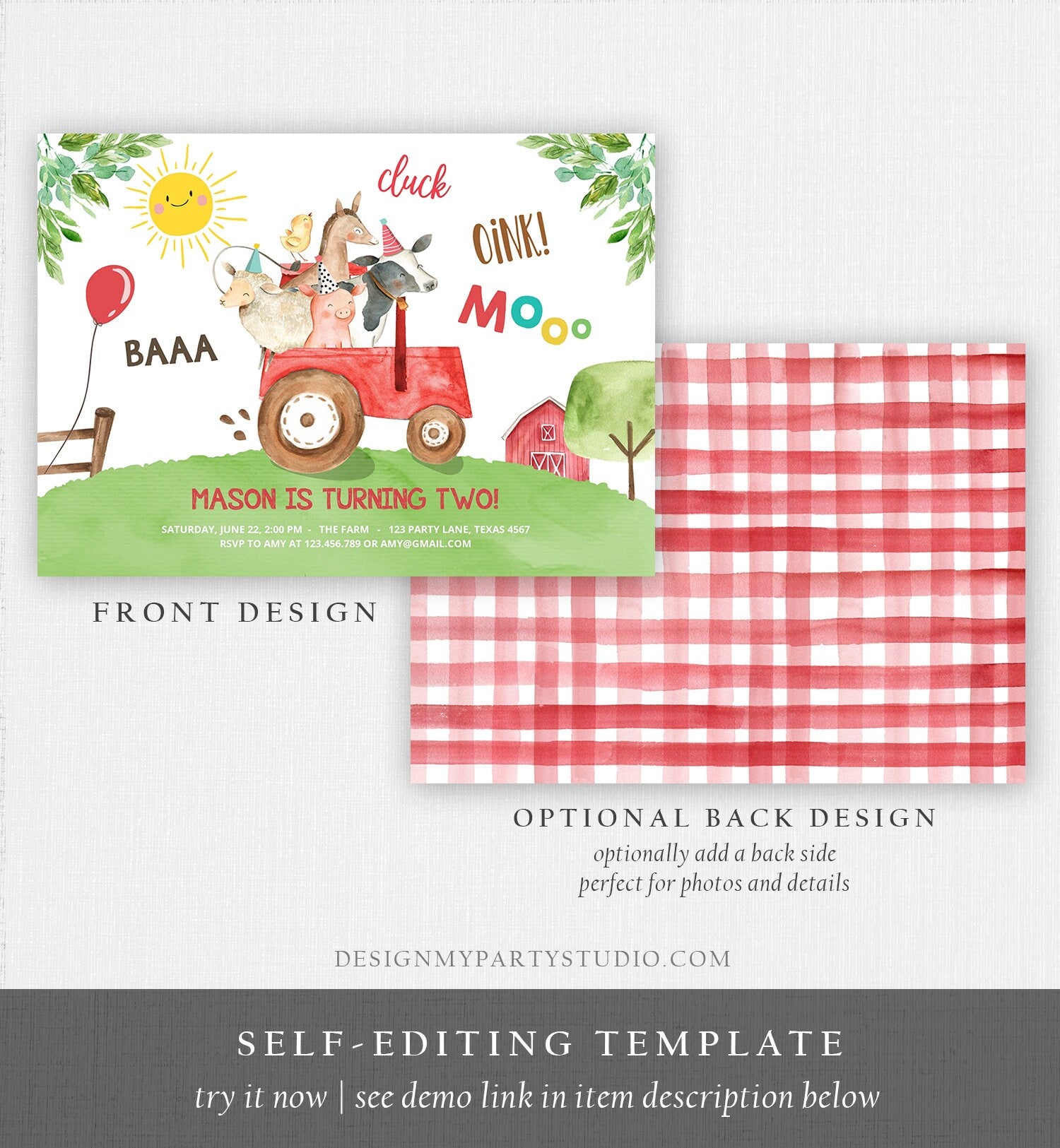 Editable Farm Birthday Invitation Boy Farm Animals Red Tractor Leaves Barnyard Party Cow Pig Download Printable Template Digital Corjl 0155