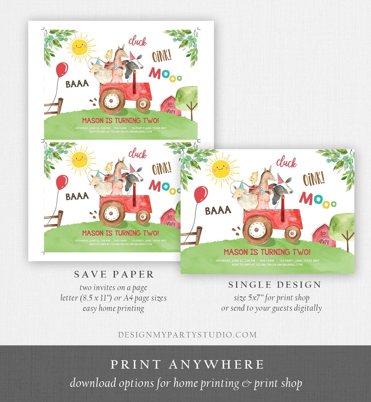 Editable Farm Birthday Invitation Boy Farm Animals Red Tractor Leaves Barnyard Party Cow Pig Download Printable Template Digital Corjl 0155