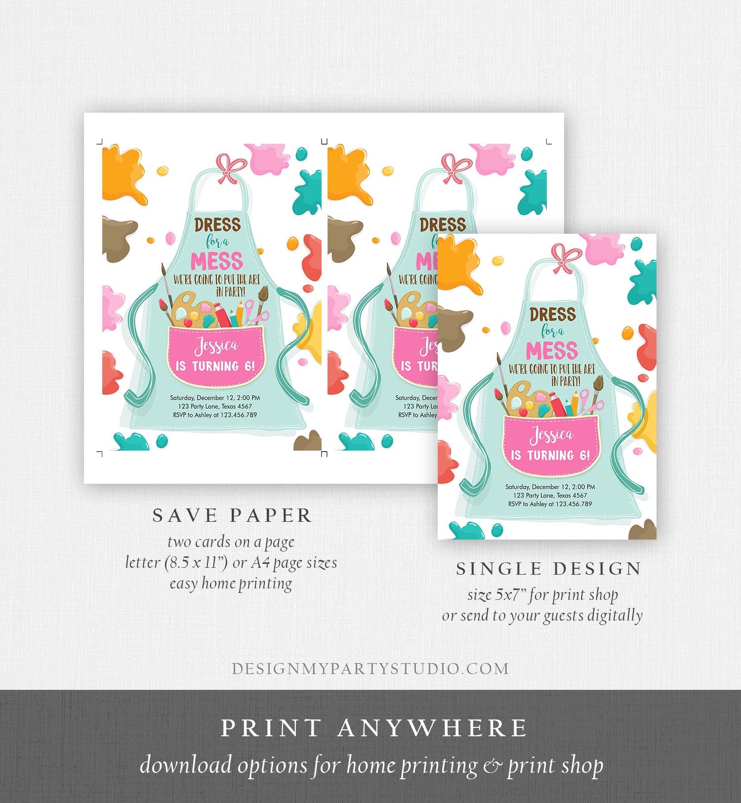 Editable Painting Party Invitation Art Party Birthday Invite Girl Pink Paint Craft Party Download Printable Template Digital Corjl 0319