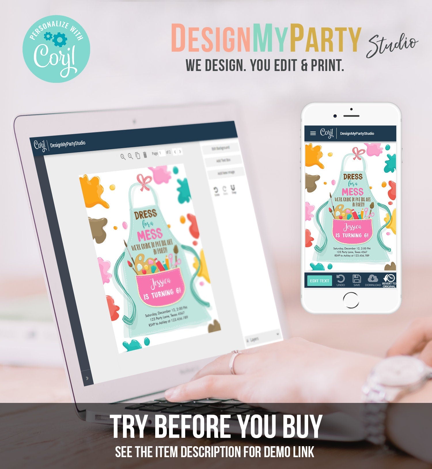 Editable Painting Party Invitation Art Party Birthday Invite Girl Pink Paint Craft Party Download Printable Template Digital Corjl 0319