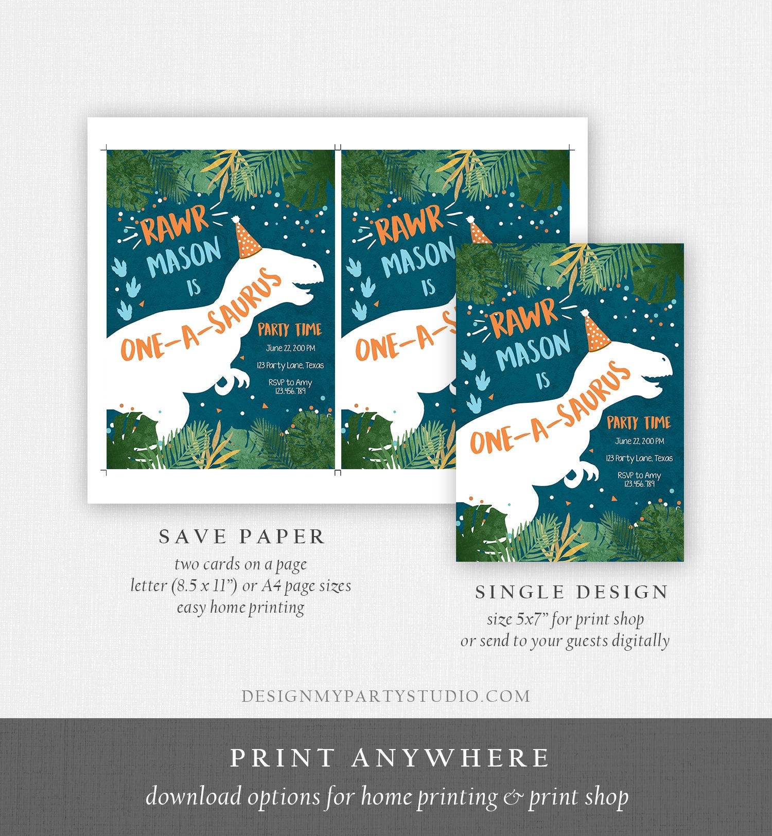 Editable One-A-Saurus Dinosaur Birthday Invitation Dino T-Rex Boy First Birthday 1st RAWR ROAR Blue Orange Prehistoric Digital Template 0378