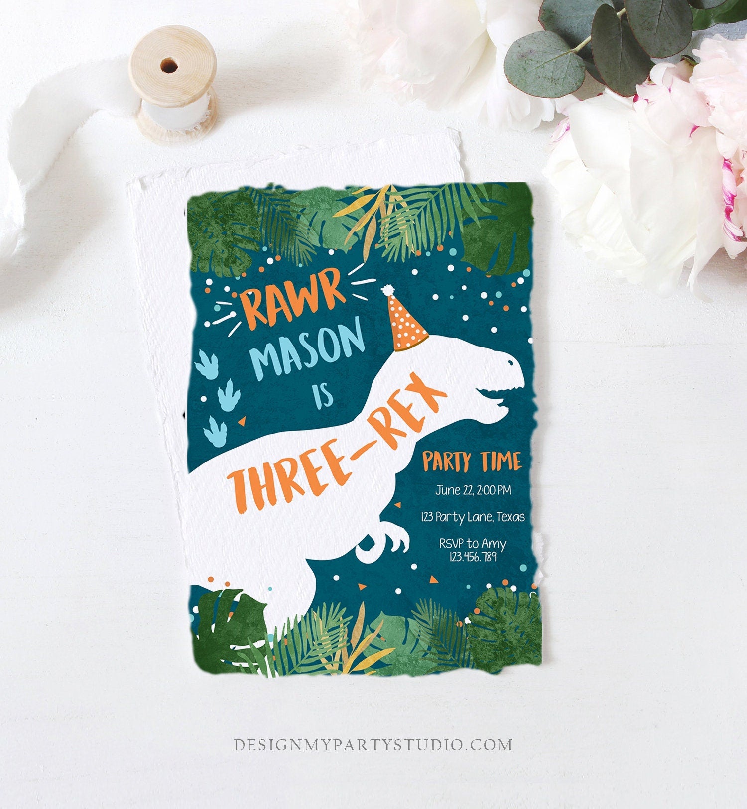 Editable Three-Rex Dinosaur Birthday Invitation Dino T-Rex Third Birthday 3rd Rawr Boy Blue Orange Prehistoric Printable Corjl Template 0378