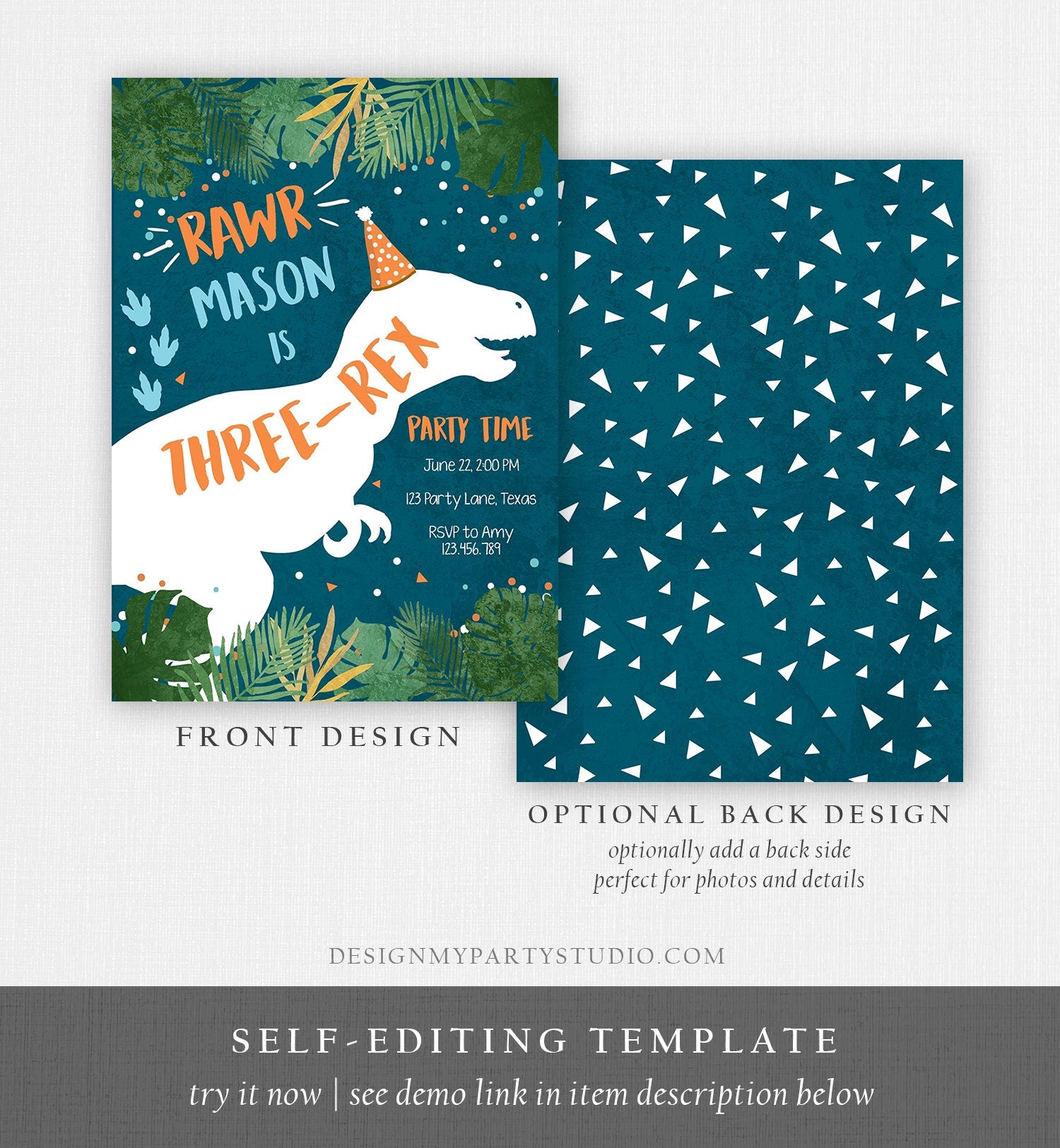 Editable Three-Rex Dinosaur Birthday Invitation Dino T-Rex Third Birthday 3rd Rawr Boy Blue Orange Prehistoric Printable Corjl Template 0378