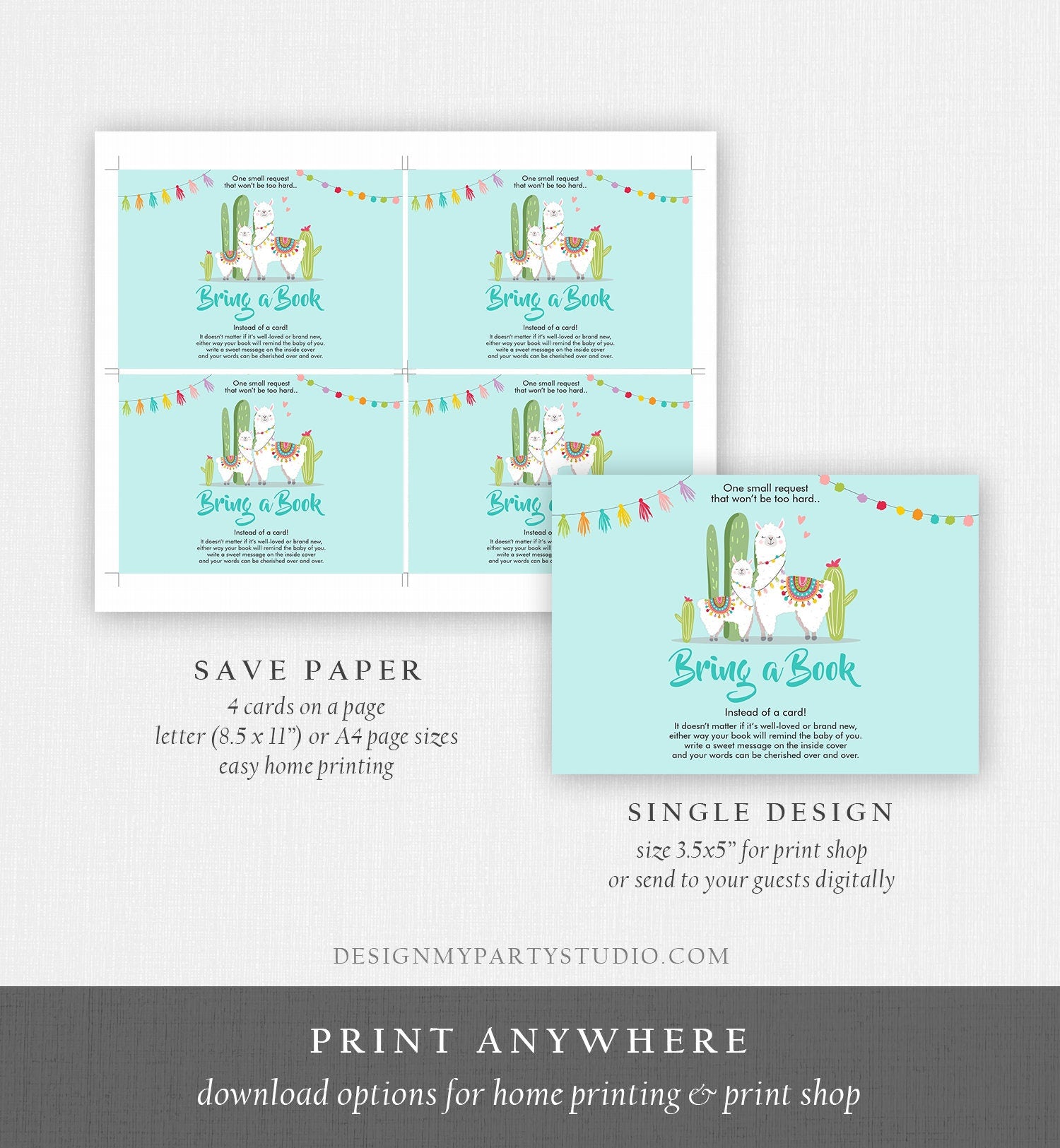 Editable Bring a Book Card Llama Boy Baby Shower Book insert Books for baby Book Request Fiesta Cactus Blue Template PRINTABLE Corjl 0079