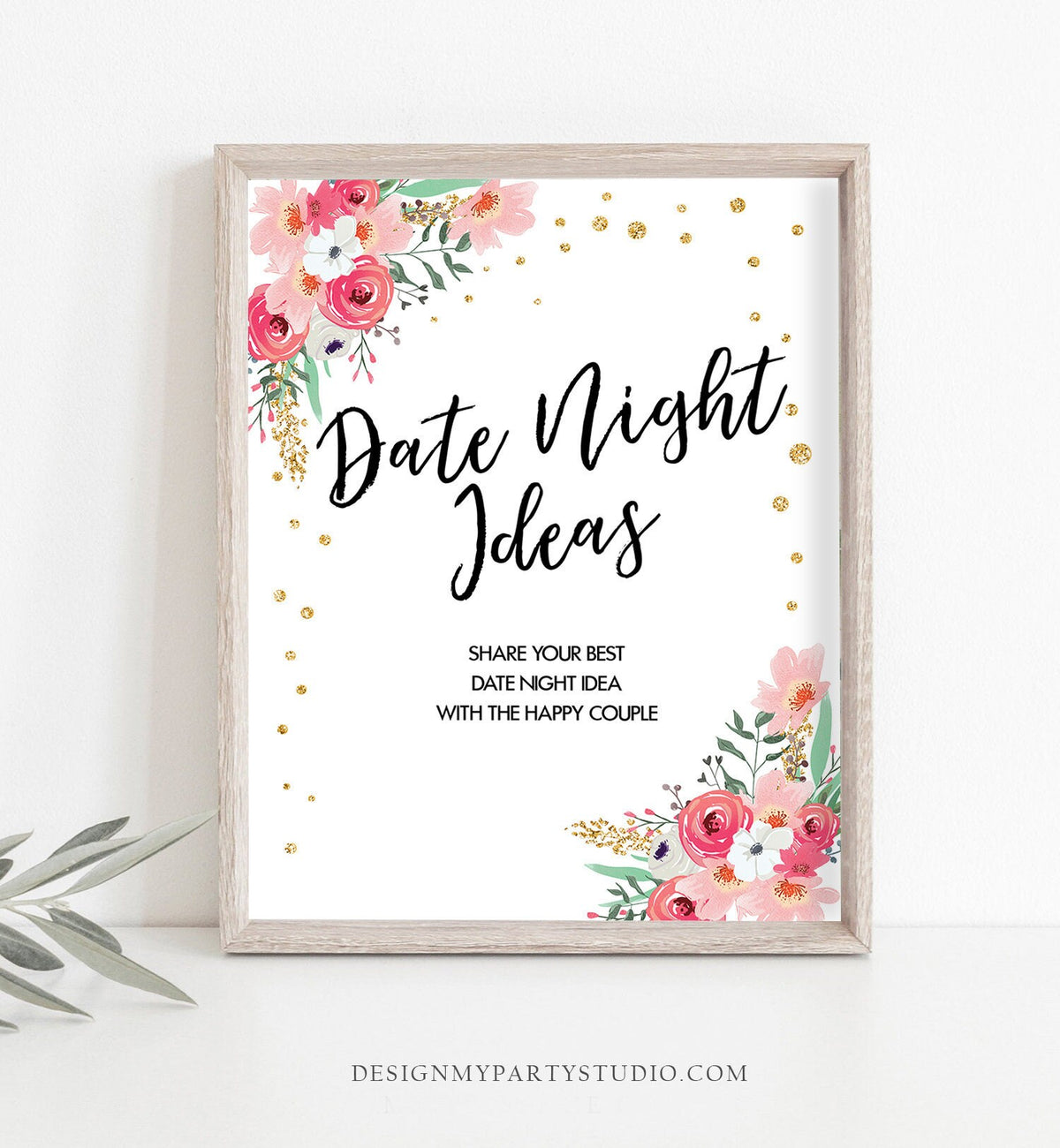 Date Night Ideas Bridal Shower Game Floral Pink and Gold Date Jar Sign Date Night Shower Games Activity Instant Download PRINTABLE 0030 0318