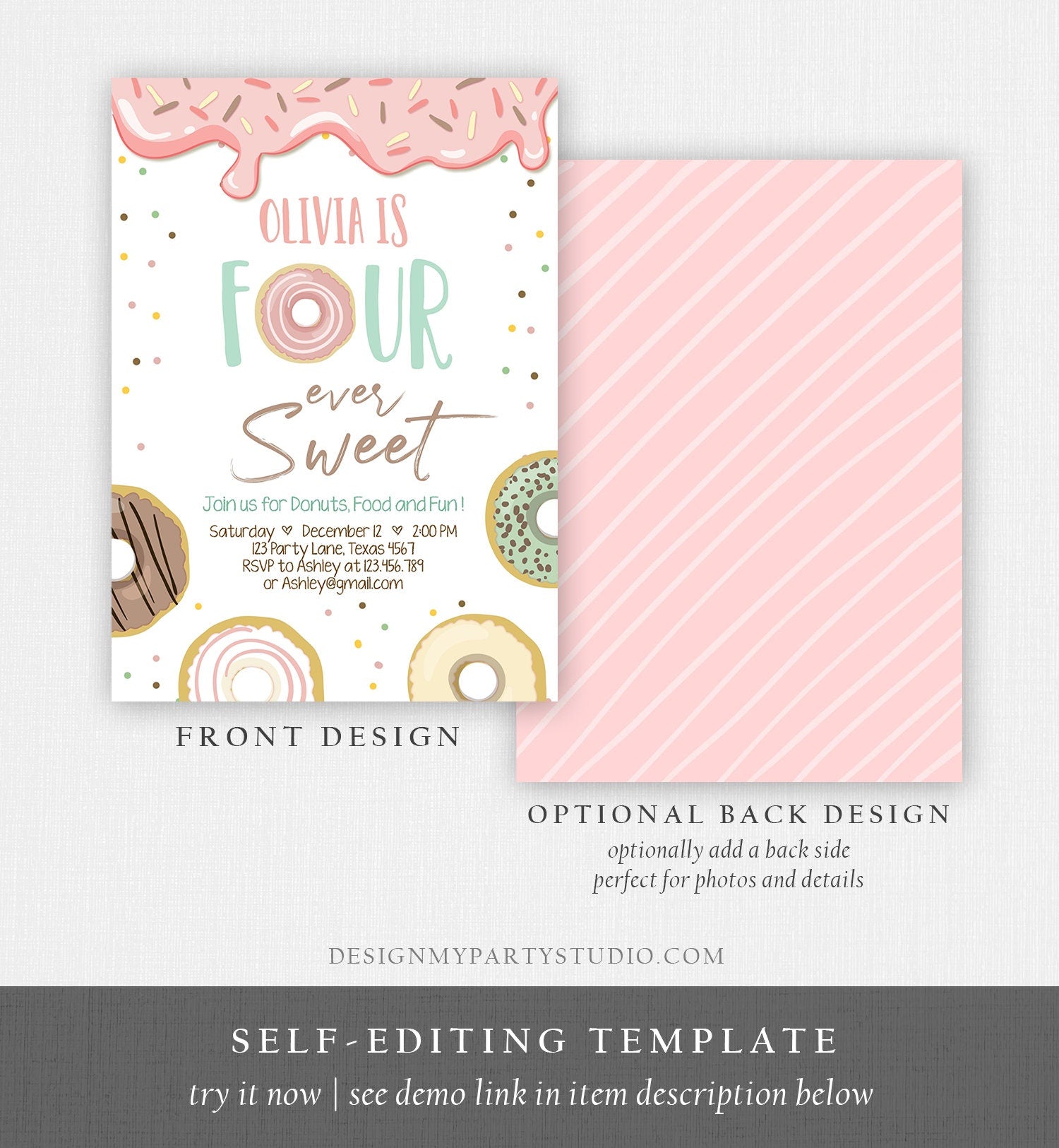 Editable Donut Four Ever Sweet Birthday Invitation 4th Birthday Party Pink Girl Doughnut Four Digital Download Printable Template Corjl 0320