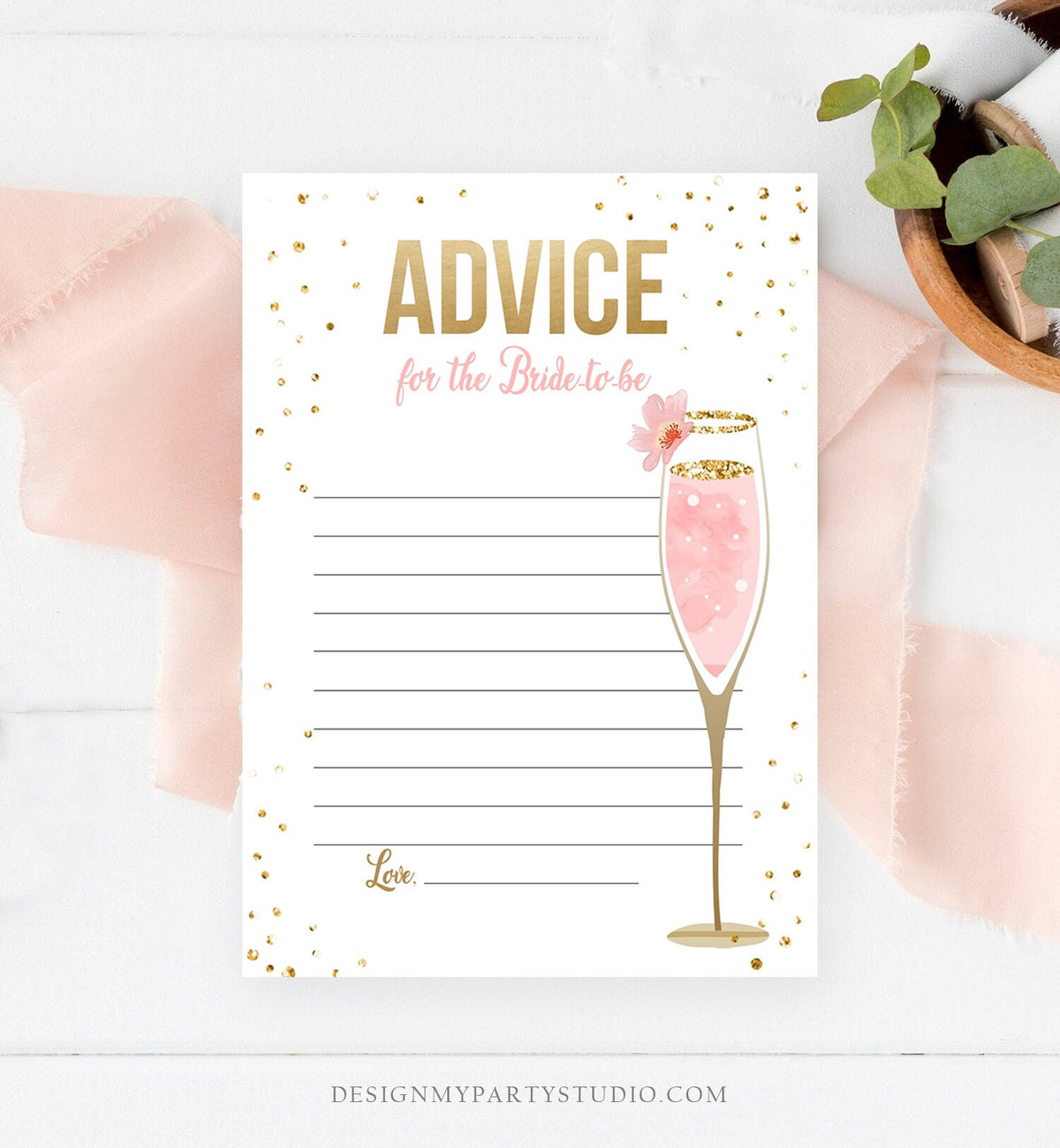 Editable Advice for the Bride to Be Brunch and Bubbly Bridal Shower Game Words of Wisdom Champagne Pink Floral Corjl Template Printable 0150